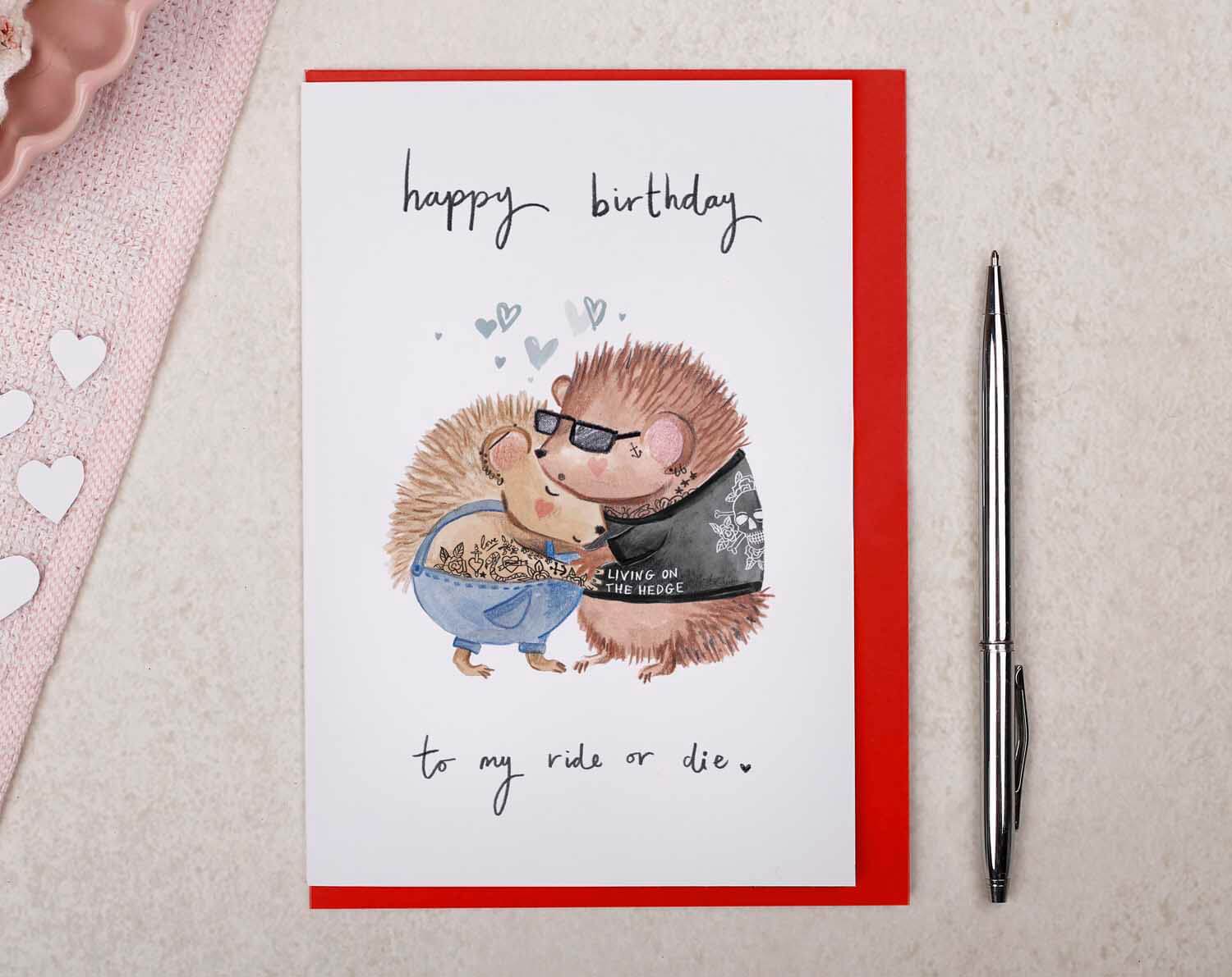 Hedgehog Ride or Die Birthday Card. Greeting Cards designed by Making Meadows
