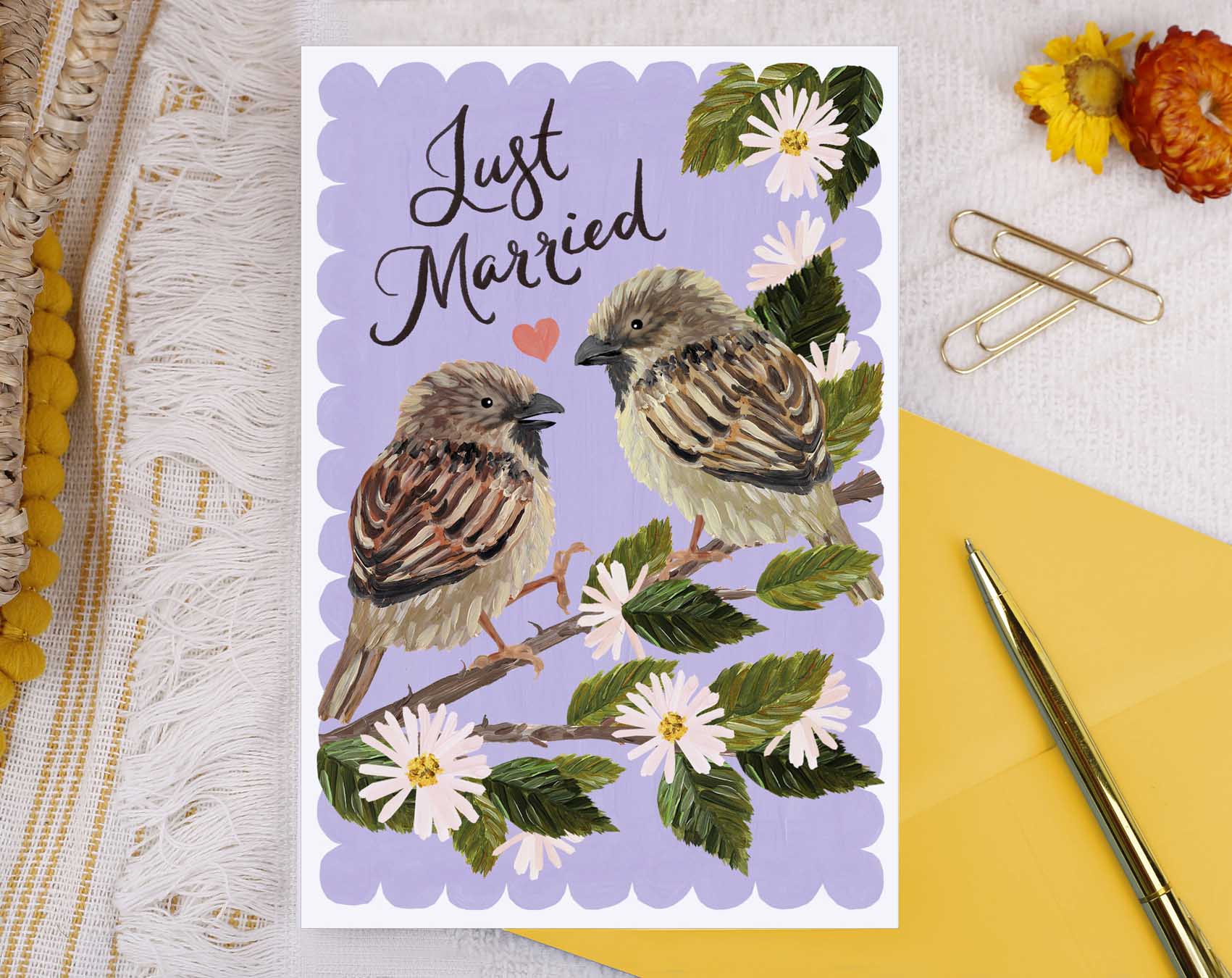 Hedgerow Sparrow Just Married Card. Greeting & Note Cards designed by Making Meadows