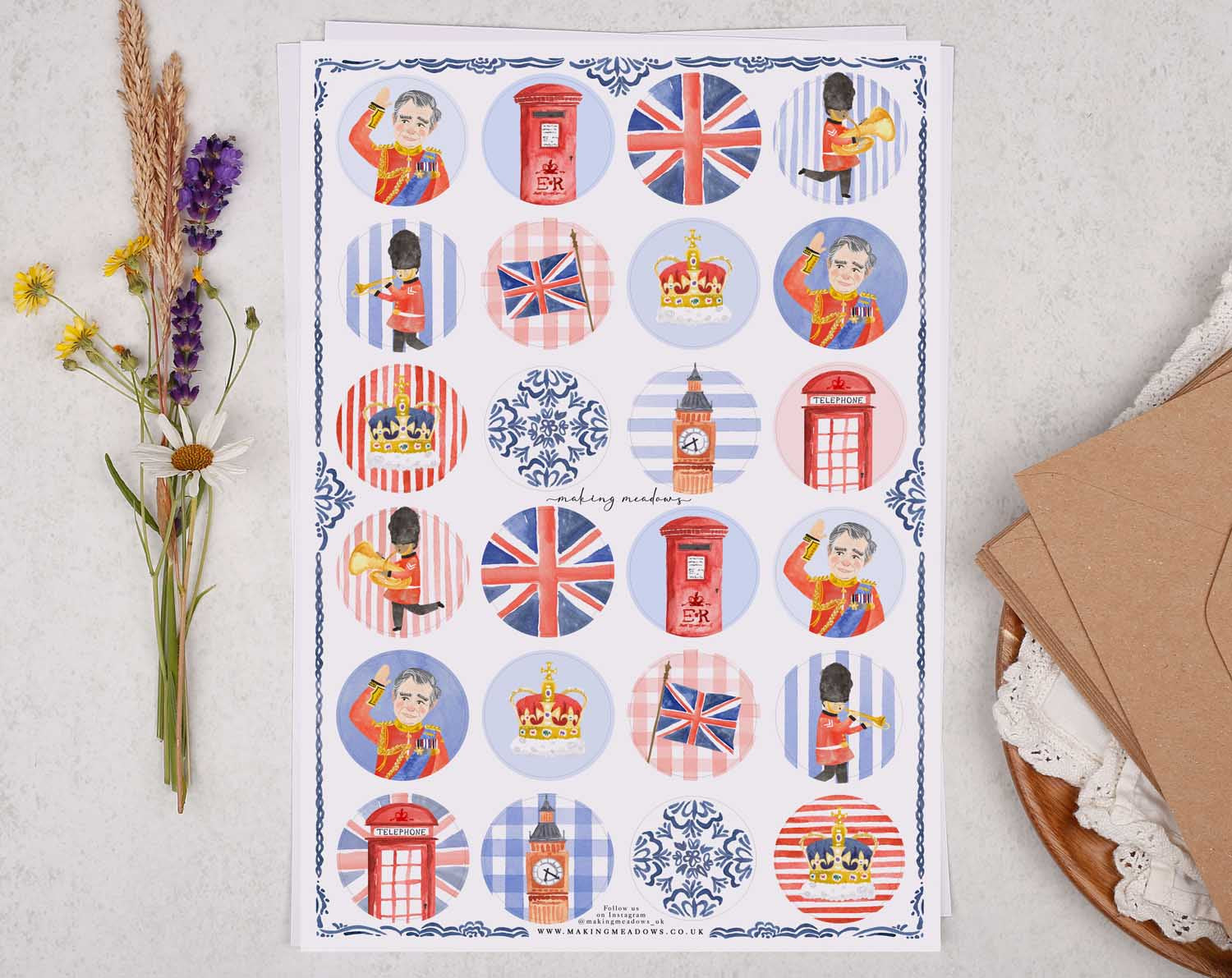 King Charles Coronation Sticker Sheet. Decorative Stickers designed by Making Meadows