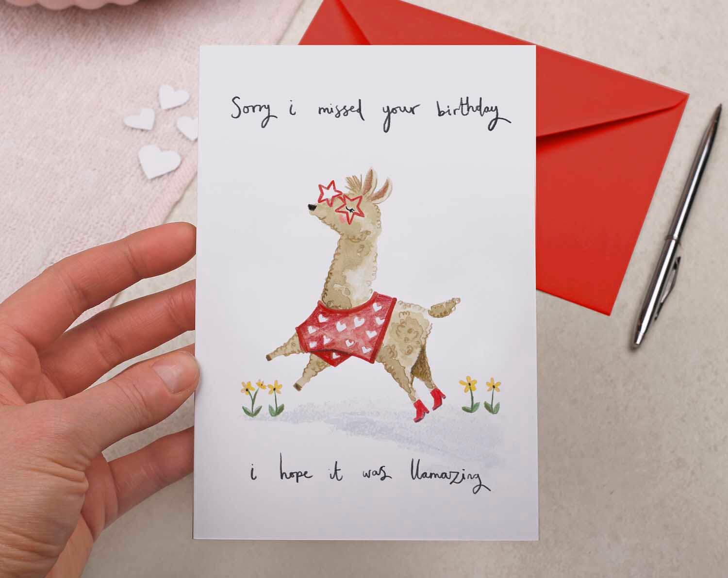 Llama Sorry I Missed Your Birthday Card. Greeting Cards designed by Making Meadows