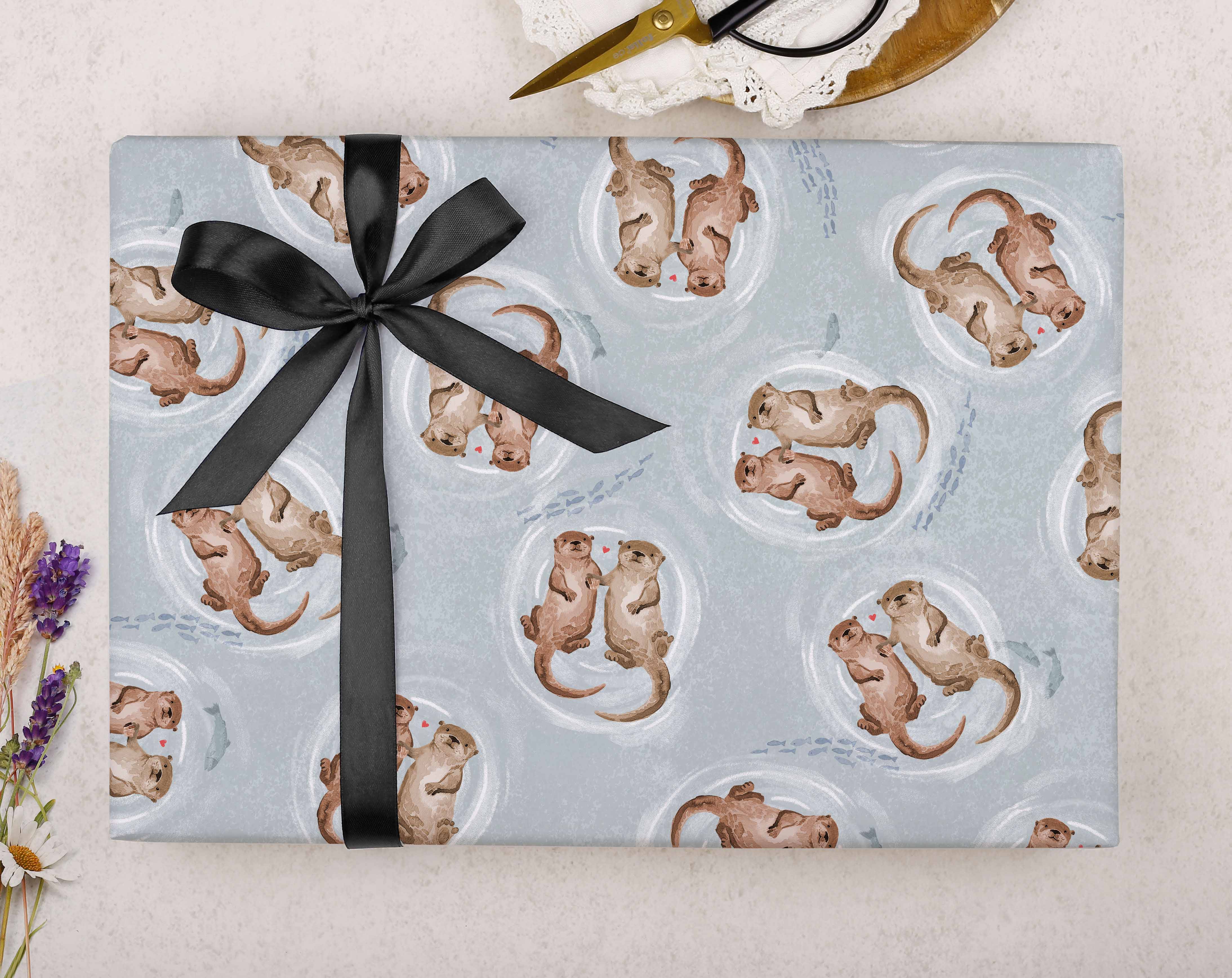 Otter Valentine Wrapping Paper. Wrapping Paper designed by Making Meadows
