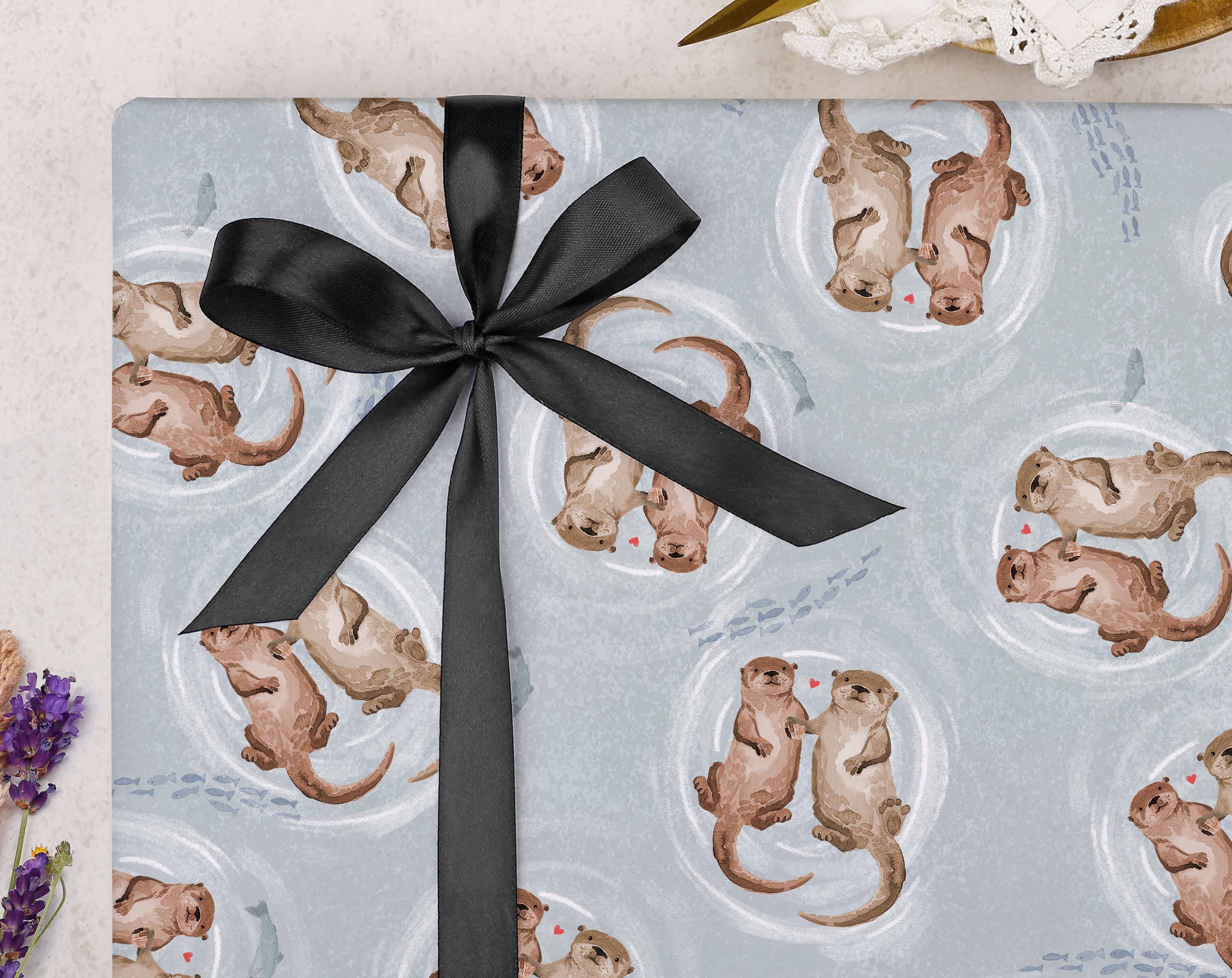 Otter Valentine Wrapping Paper. Wrapping Paper designed by Making Meadows