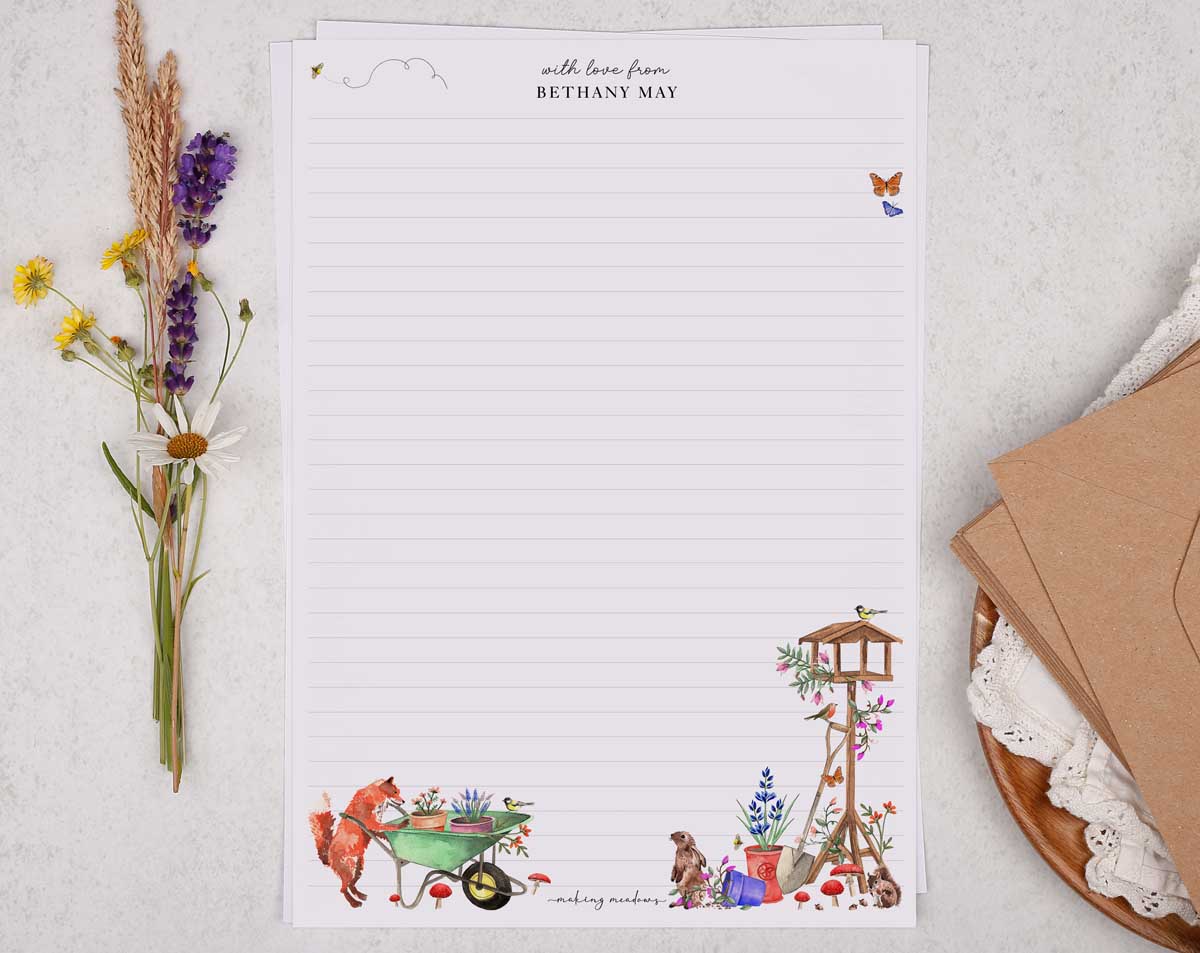 Personalised A4 Writing Paper With Garden Fox. Stationery designed by Making Meadows