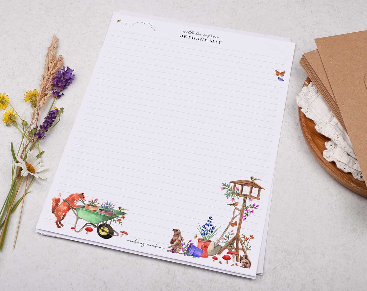 Personalised A4 Writing Paper With Garden Fox. Stationery designed by Making Meadows
