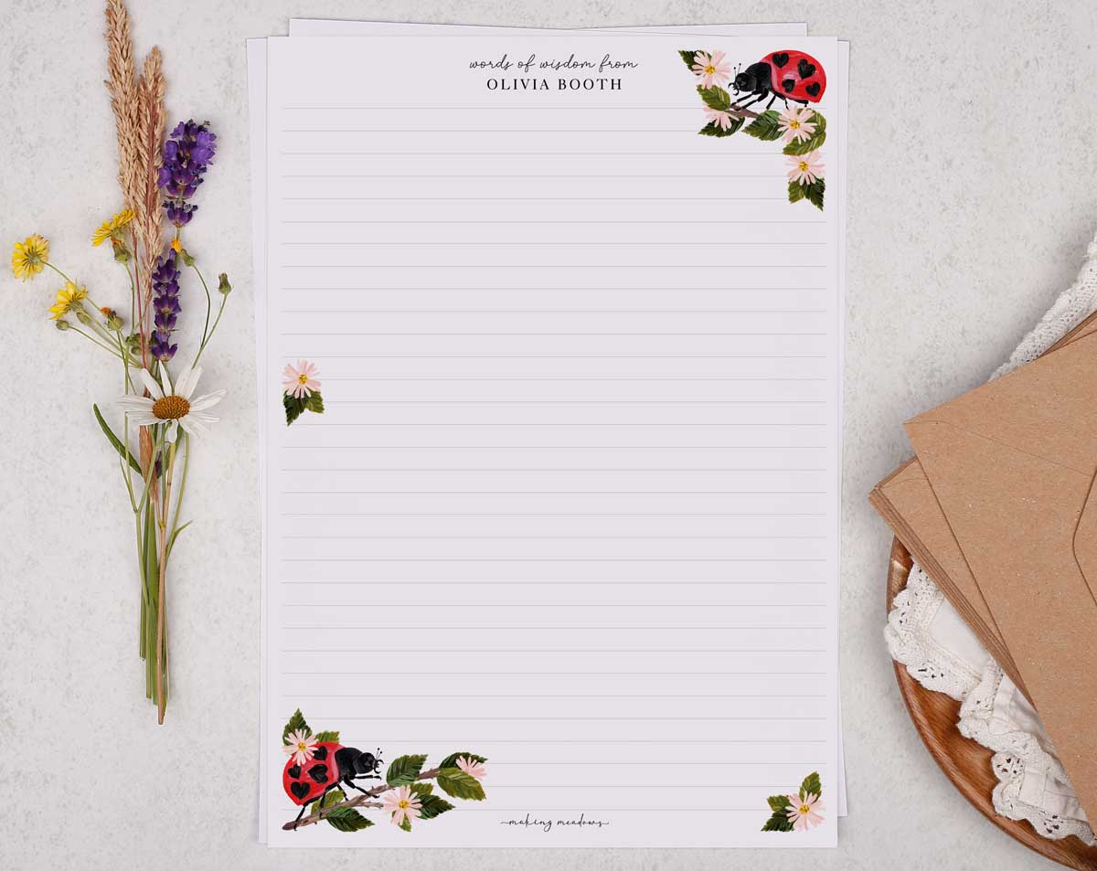 Personalised A4 Writing Paper With Ladybird Border. Stationery designed by Making Meadows