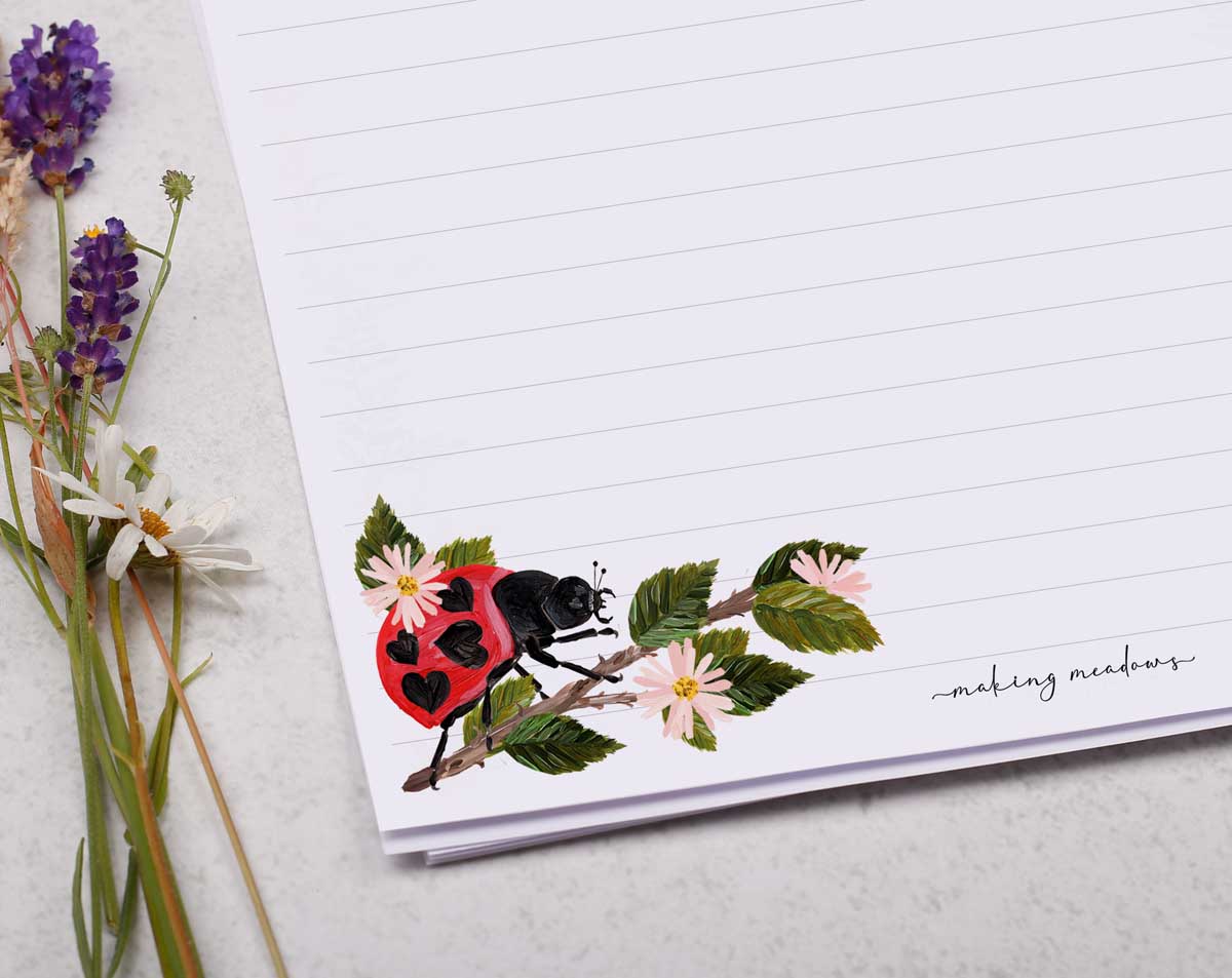 Personalised A4 Writing Paper With Ladybird Border. Stationery designed by Making Meadows