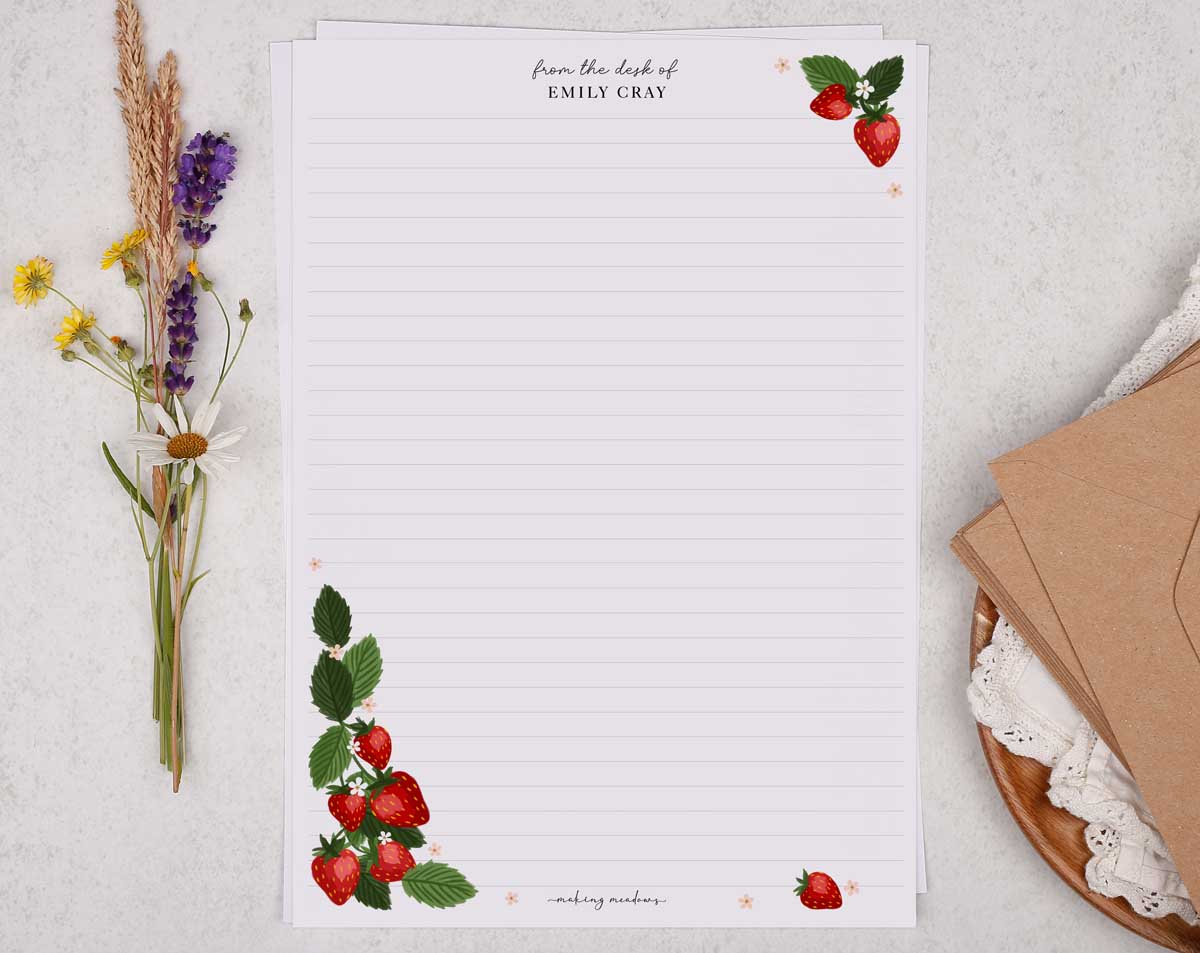 Personalised A4 Writing Paper With Strawberry Border. Stationery designed by Making Meadows