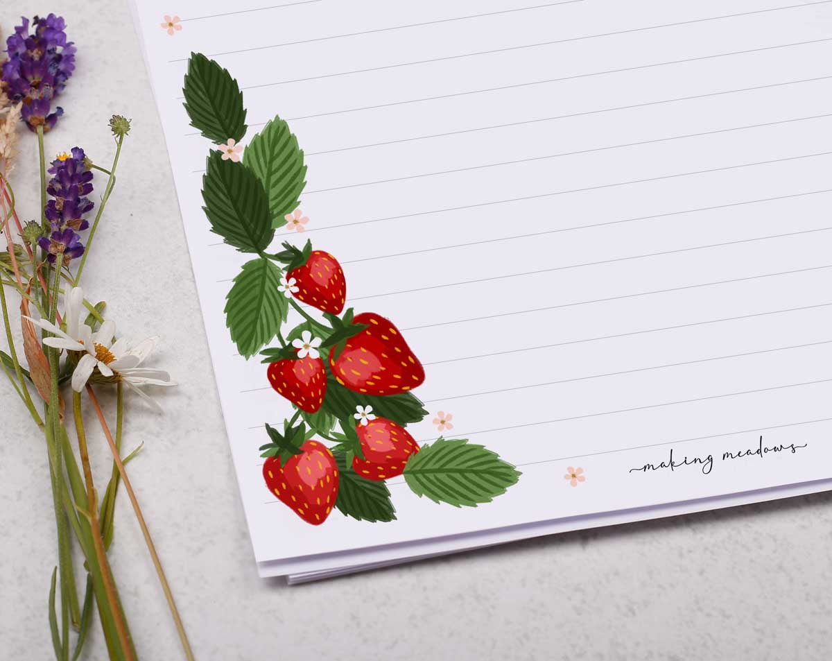 Personalised A4 Writing Paper With Strawberry Border. Stationery designed by Making Meadows