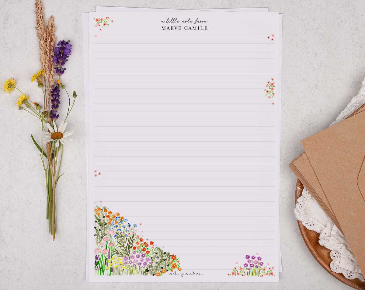 Personalised A4 Writing Paper With Watercolour Flowers. Stationery designed by Making Meadows
