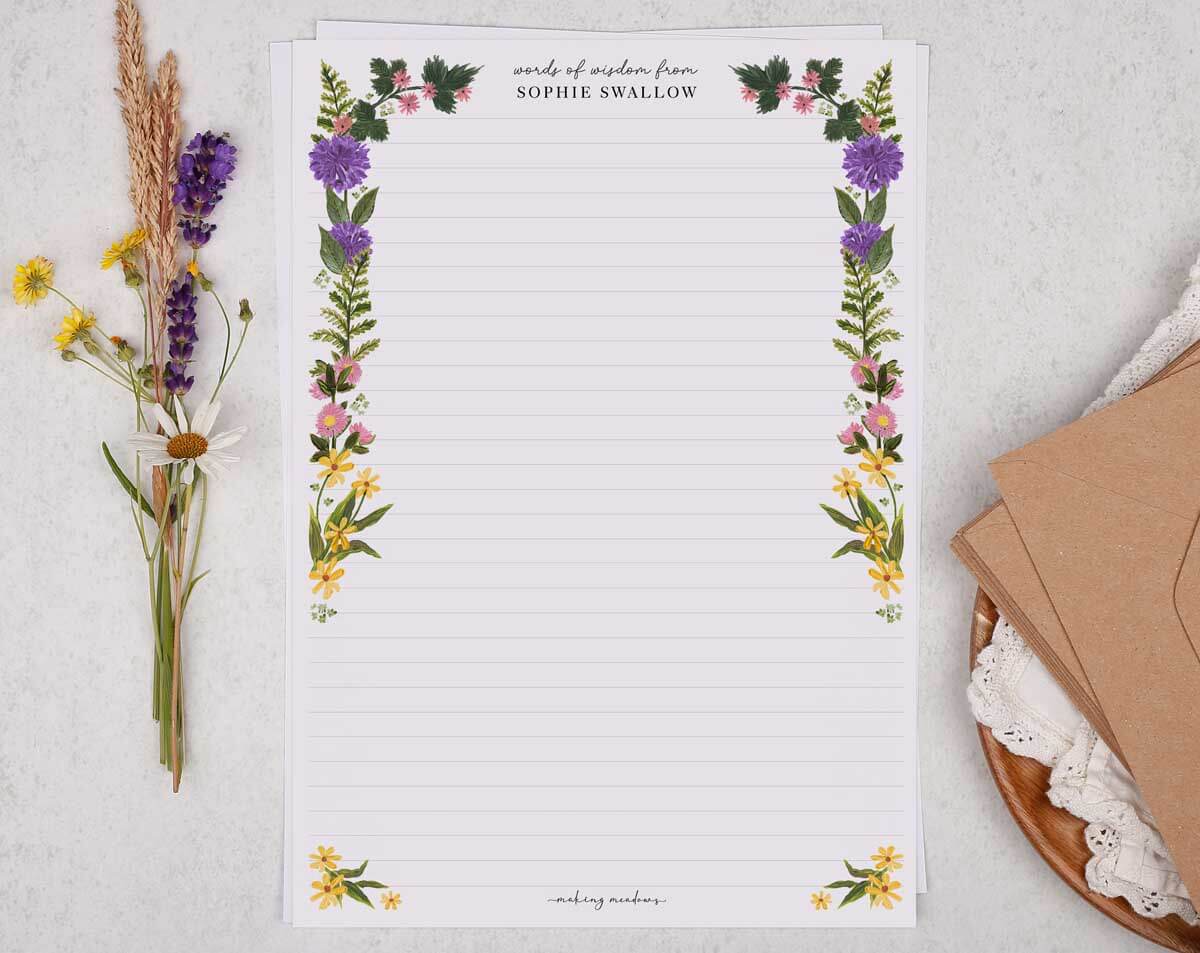 Personalised A4 Writing Paper With Wild Flowers Border. Stationery designed by Making Meadows