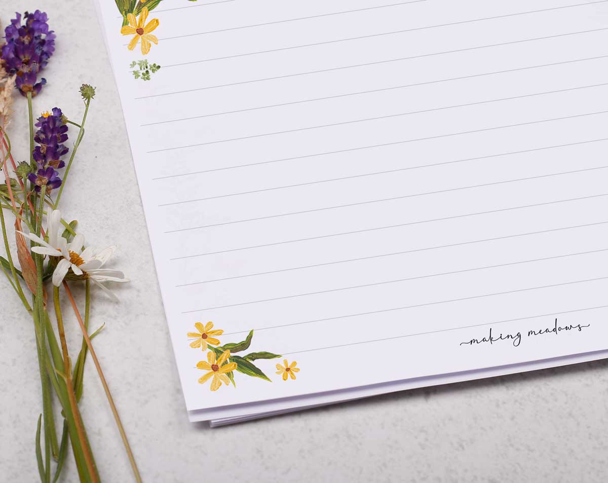 Personalised A4 Writing Paper With Wild Flowers Border. Stationery designed by Making Meadows