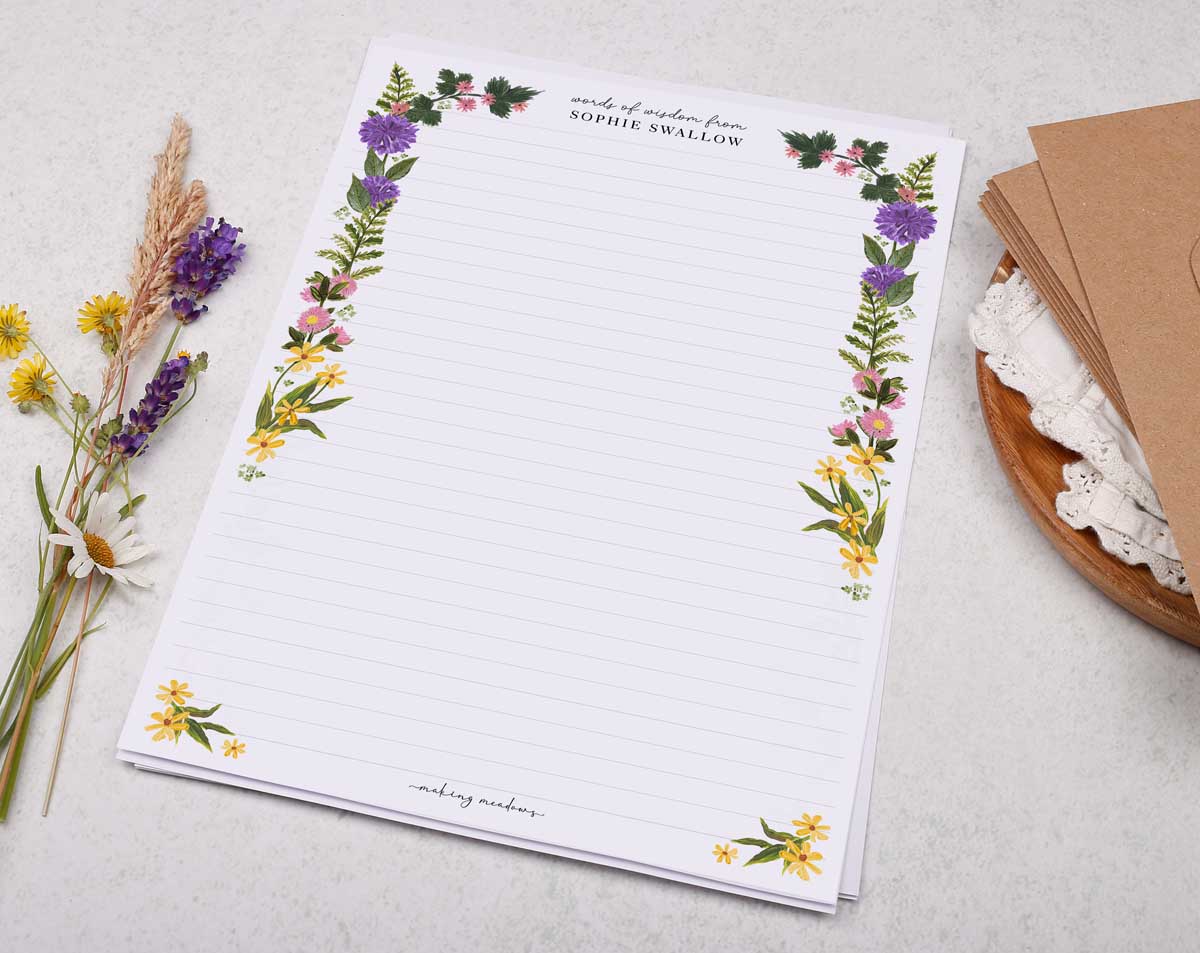 Personalised A4 Writing Paper With Wild Flowers Border. Stationery designed by Making Meadows