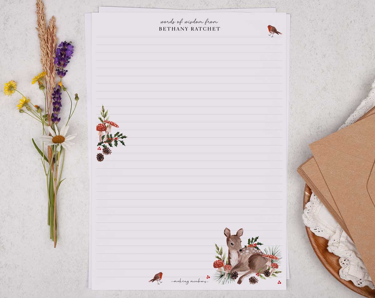 Personalised A4 Writing Paper With Woodland Deer. Stationery designed by Making Meadows