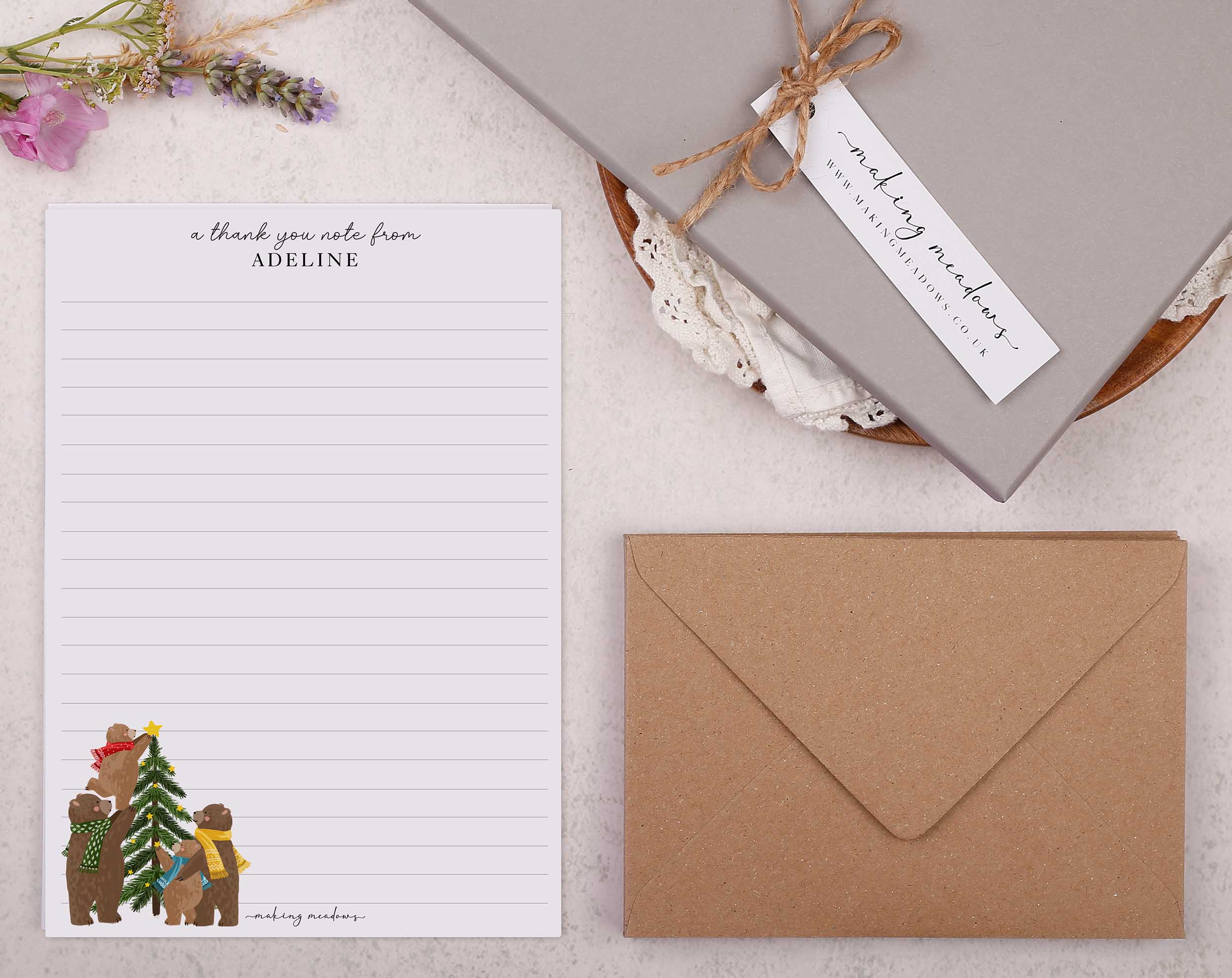 Personalised A5 Christmas writing paper with Bears. Stationery designed by Making Meadows