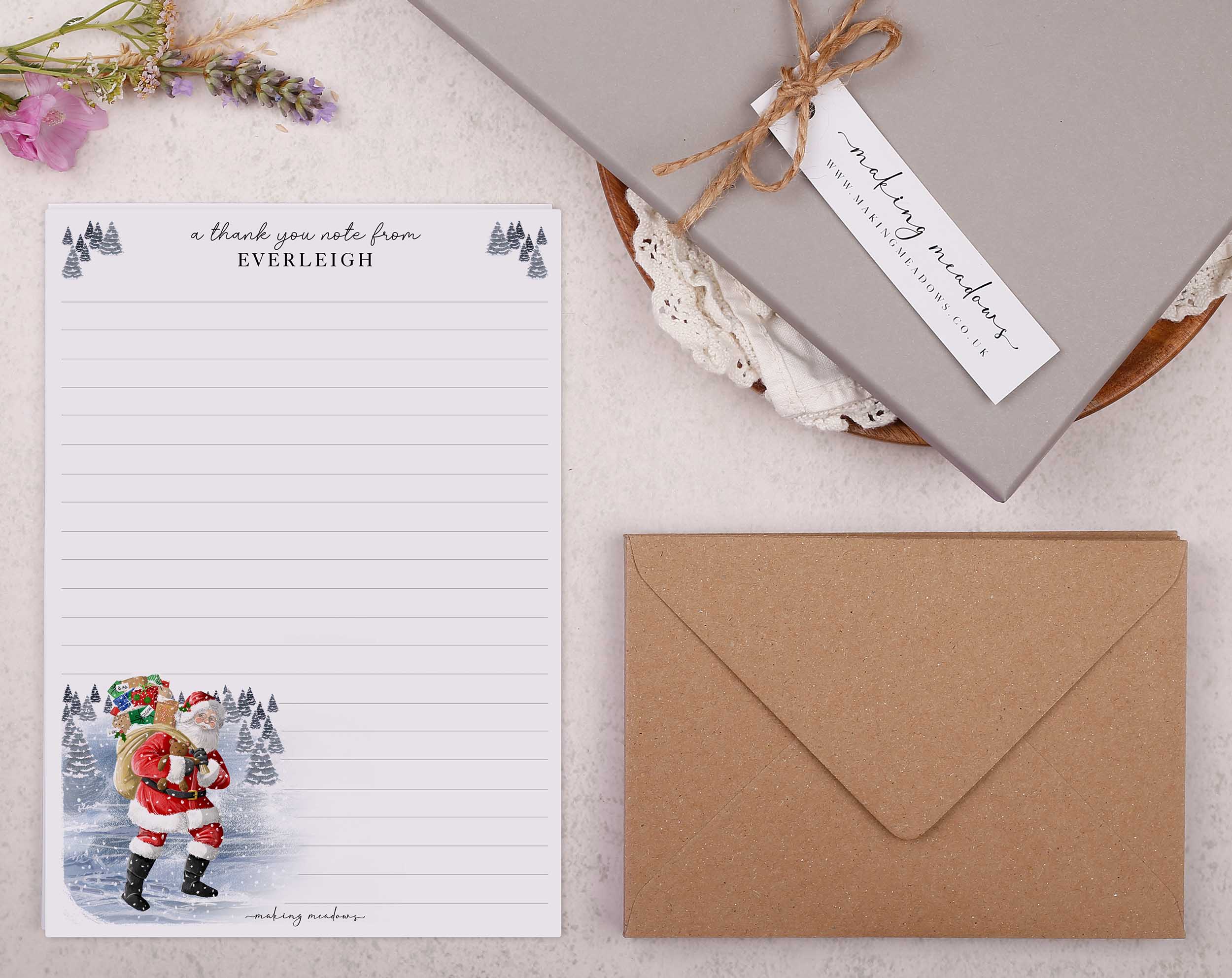 Personalised A5 Christmas writing paper with Santa. Stationery designed by Making Meadows