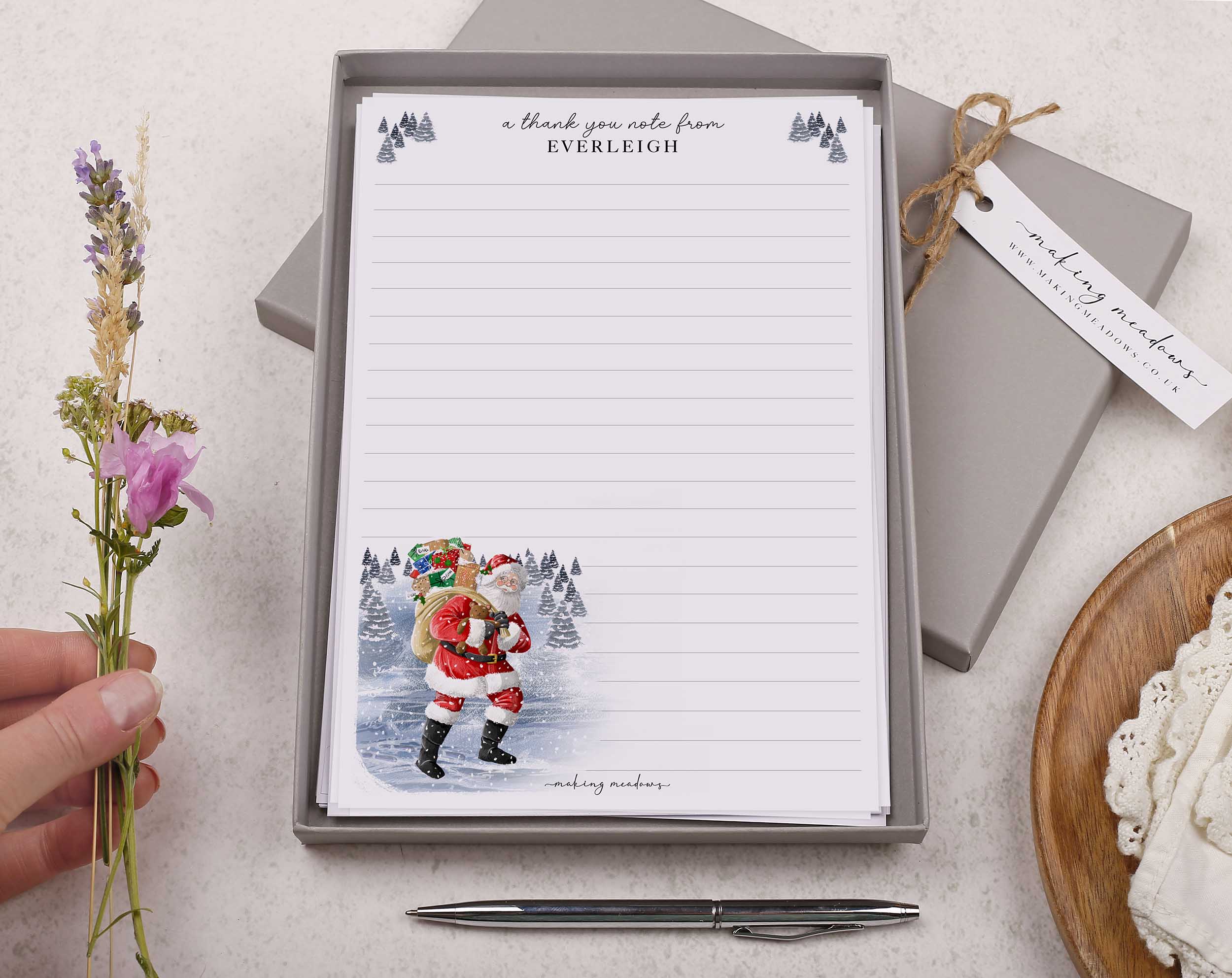Personalised A5 Christmas writing paper with Santa. Stationery designed by Making Meadows