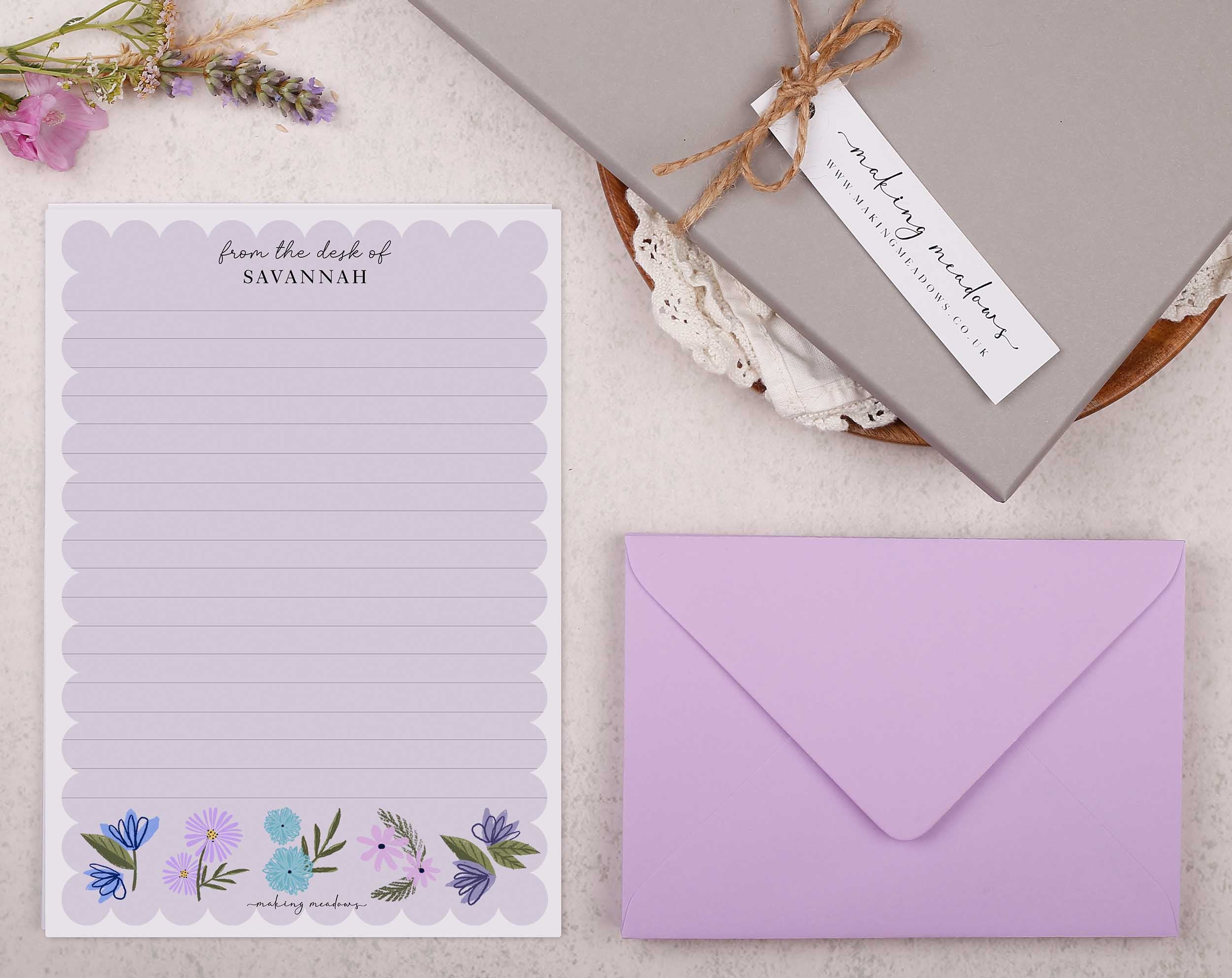 Personalised A5 writing paper with Lilac Flowers. Stationery designed by Making Meadows