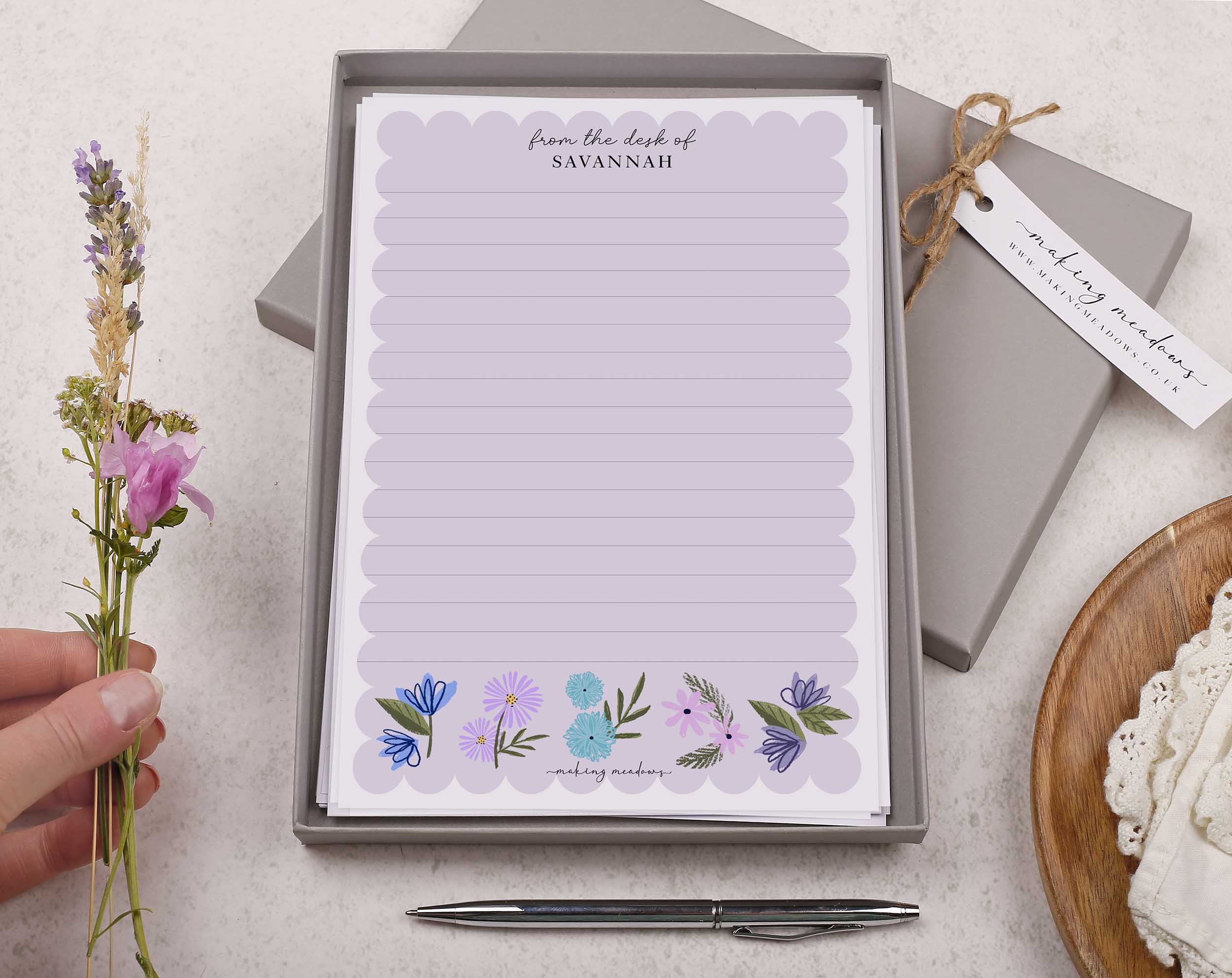 Personalised A5 writing paper with Lilac Flowers. Stationery designed by Making Meadows
