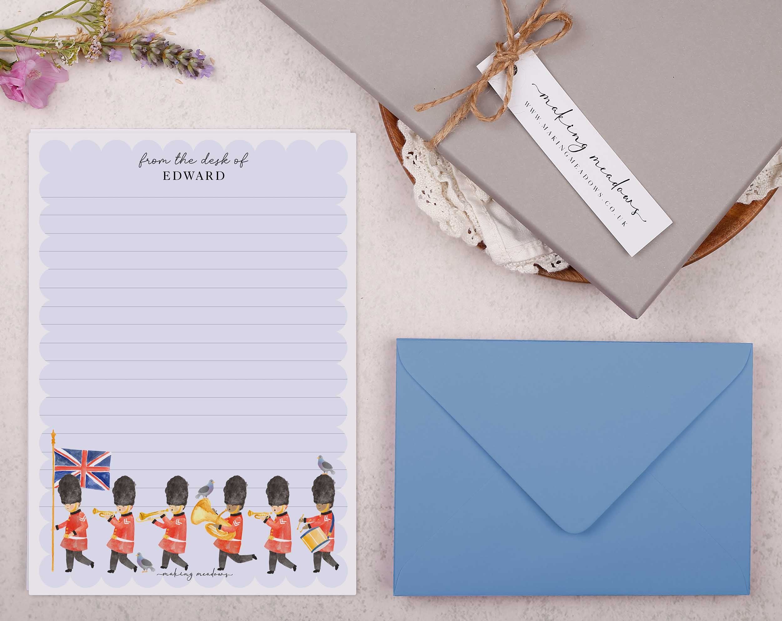 Personalised A5 writing paper with London Guards. Stationery designed by Making Meadows