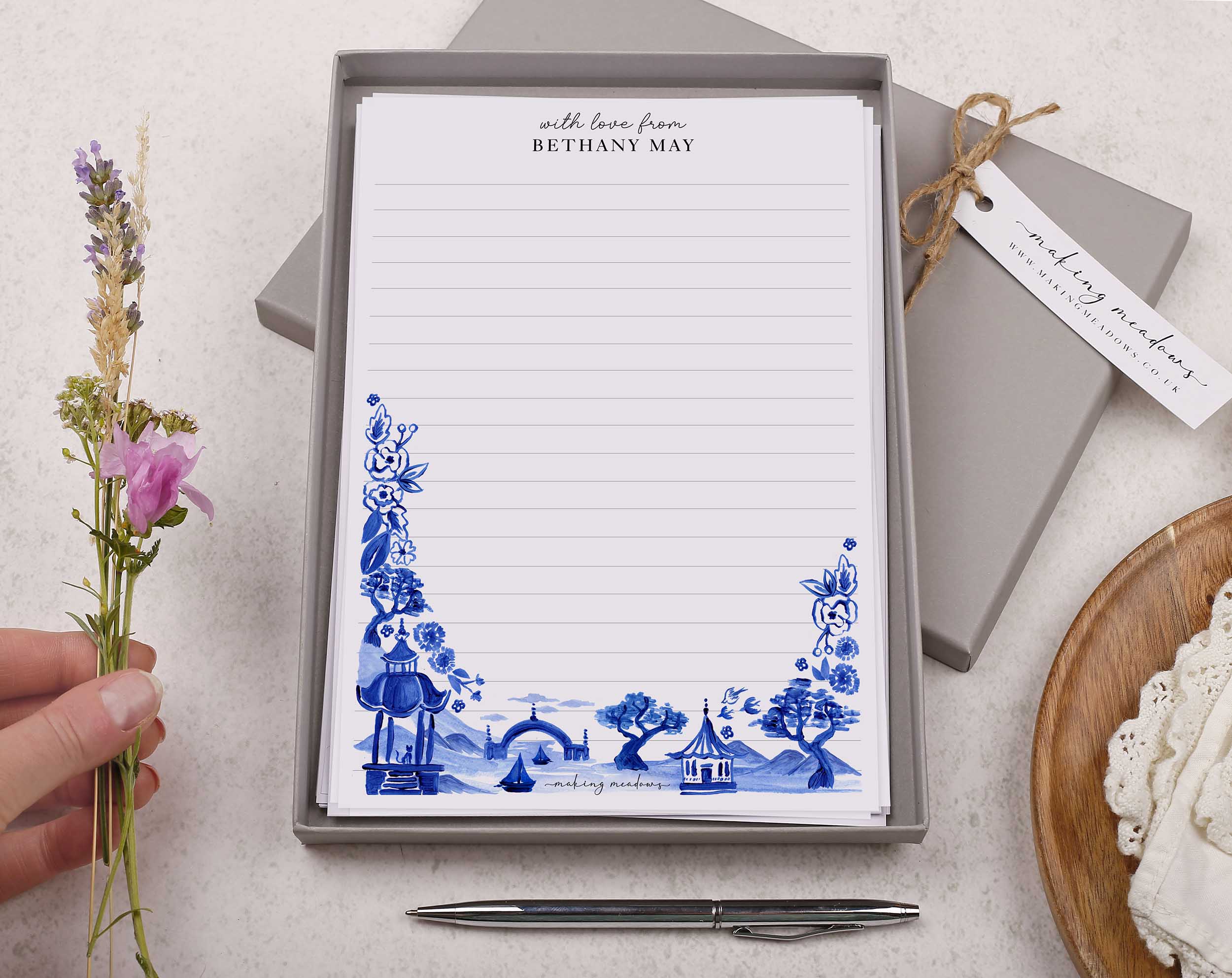 Personalised A5 writing paper with blue Japanese landscape. Stationery designed by Making Meadows
