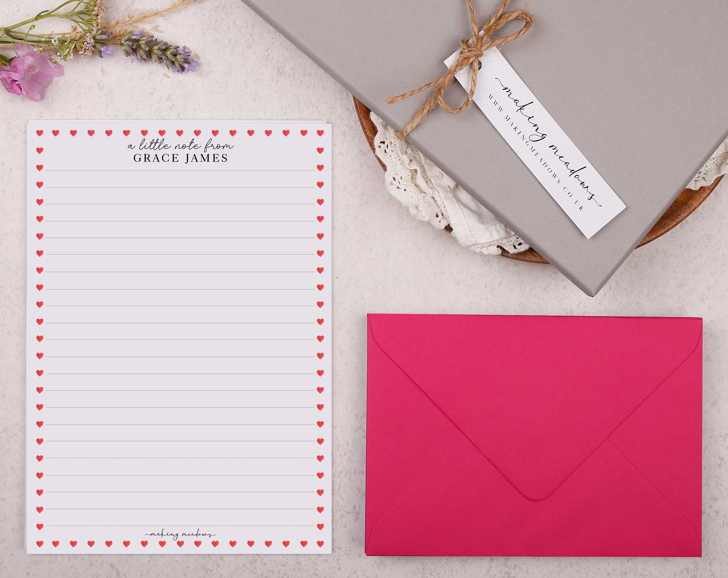 Personalised A5 writing paper with ditsy heart border. Stationery designed by Making Meadows