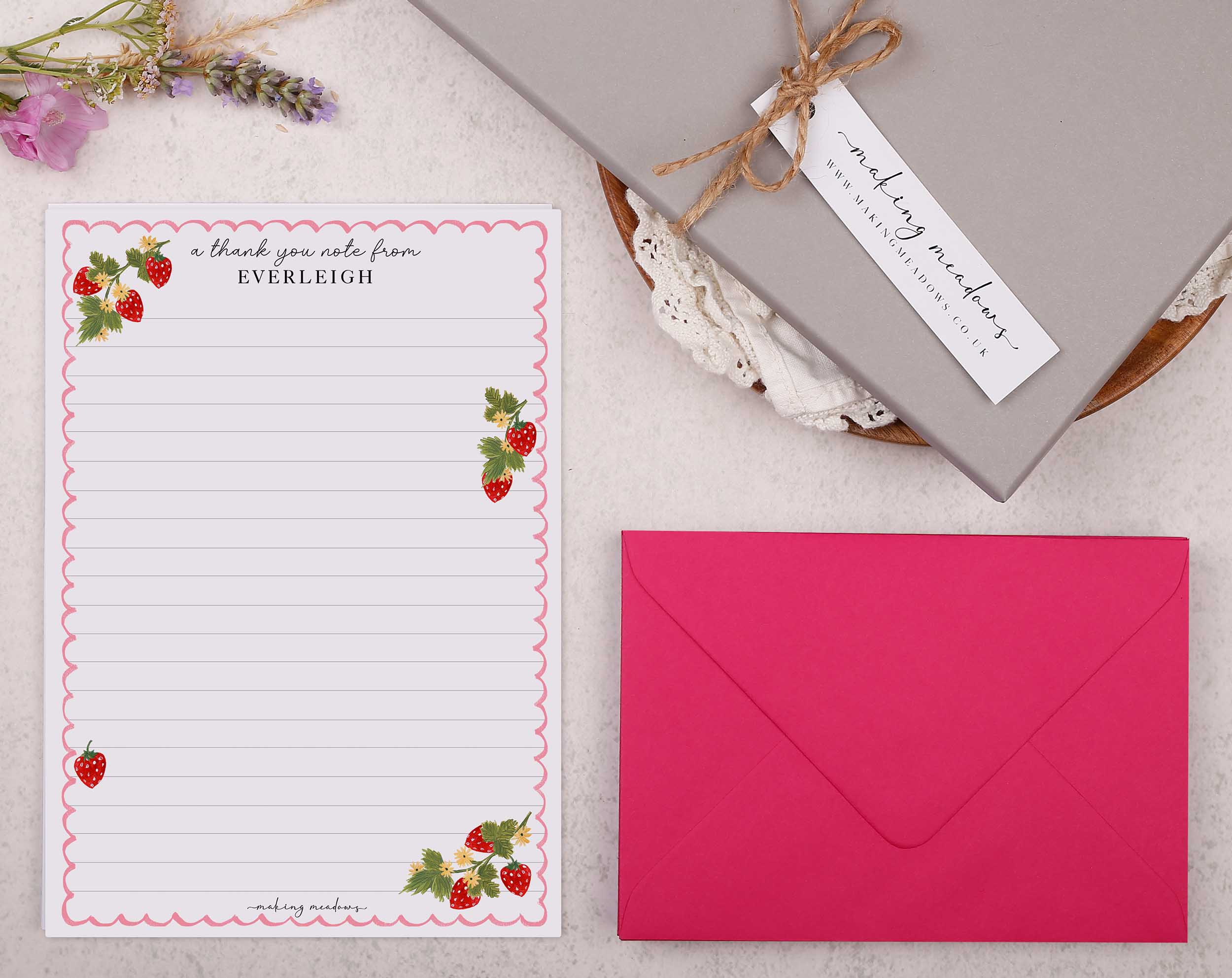 Personalised A5 writing paper with french strawberries. Stationery designed by Making Meadows