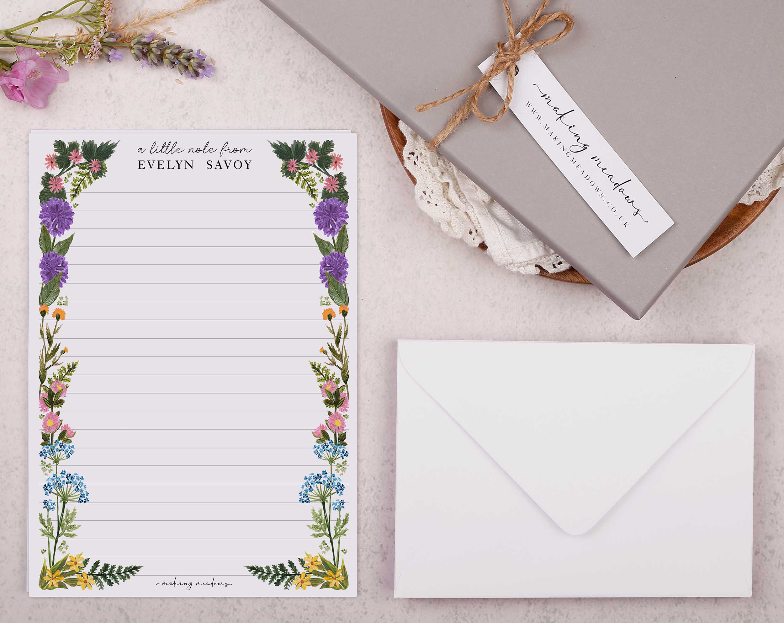 Personalised A5 writing paper with meadow flowers. Stationery designed by Making Meadows