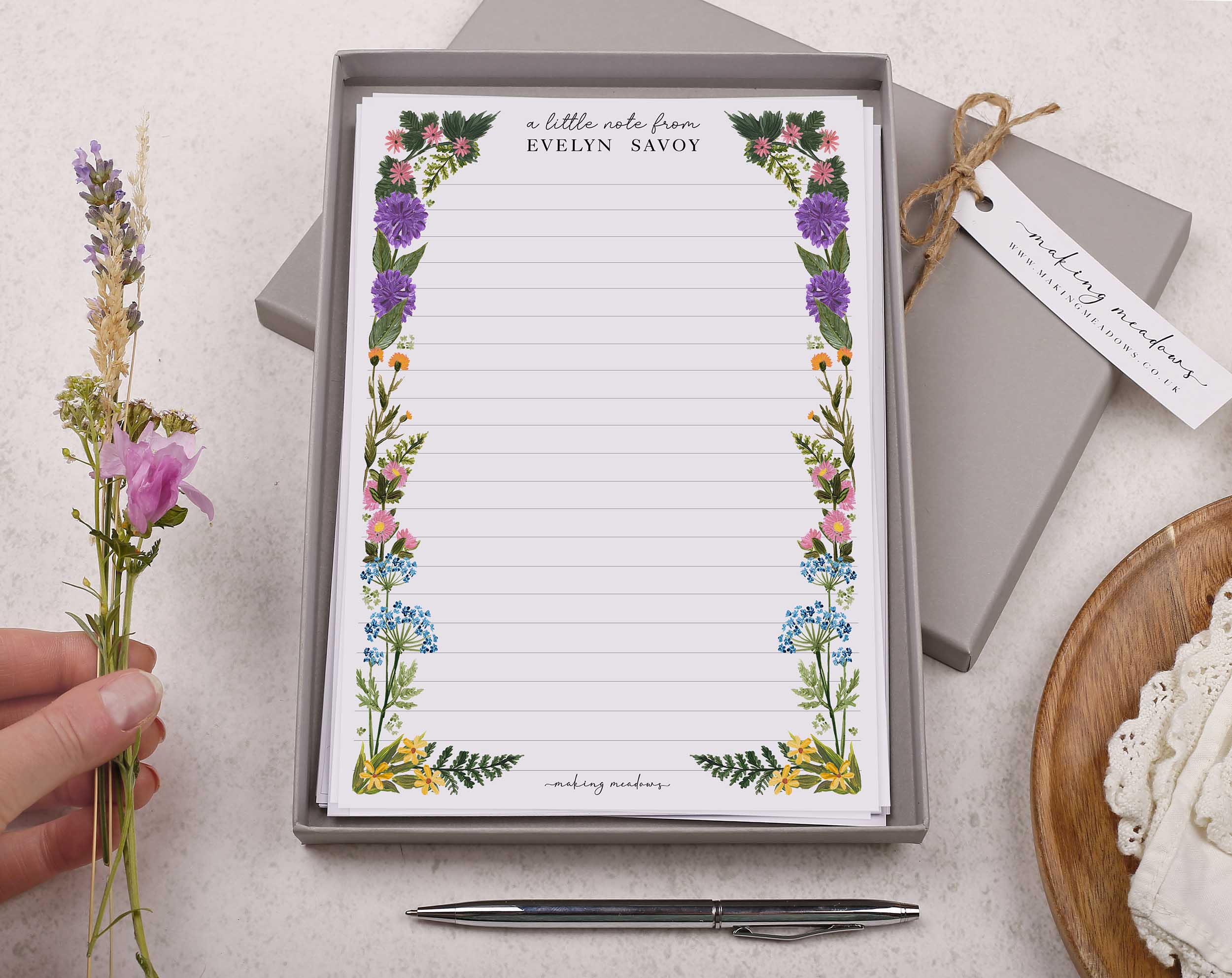 Personalised A5 writing paper with meadow flowers. Stationery designed by Making Meadows