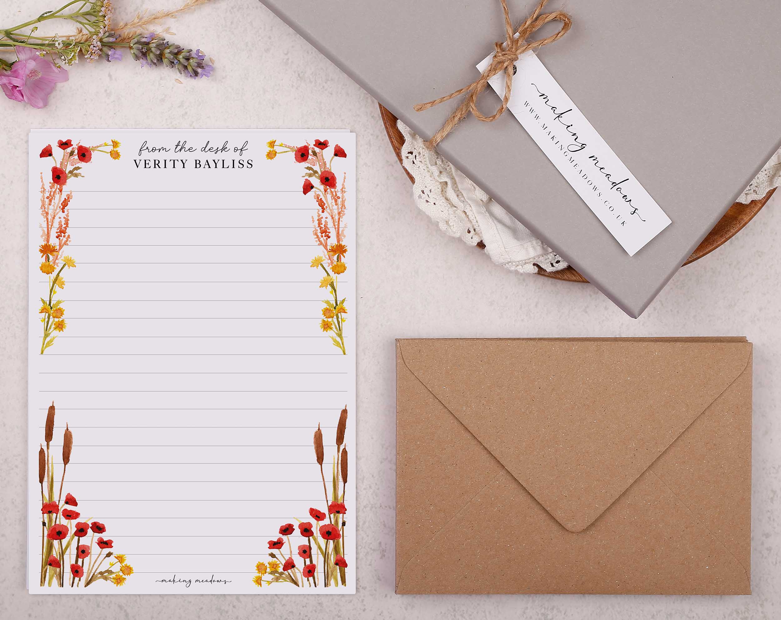 Personalised A5 writing paper with poppies & reeds. Stationery designed by Making Meadows