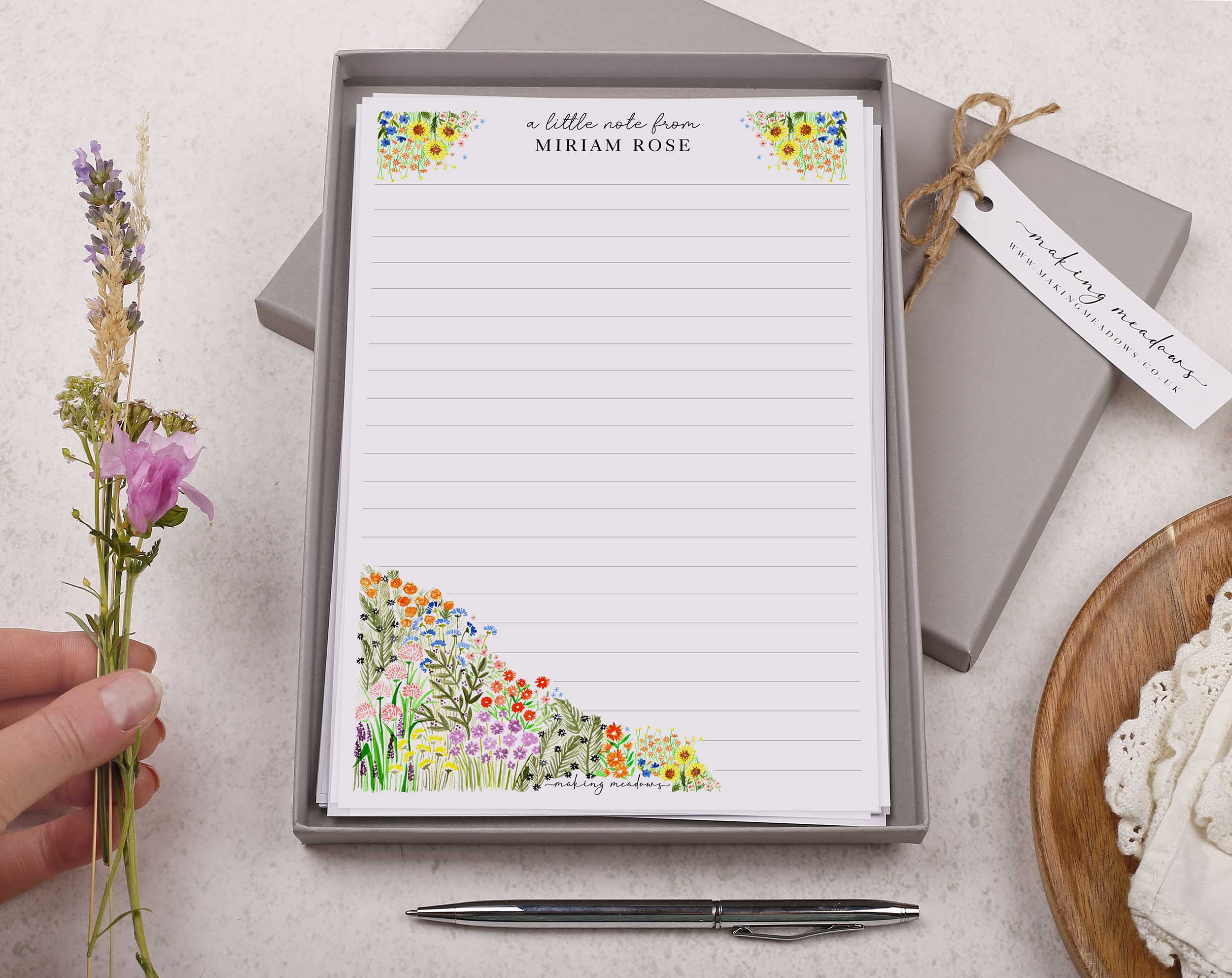 Personalised A5 writing paper with watercolour Flowers. Stationery designed by Making Meadows
