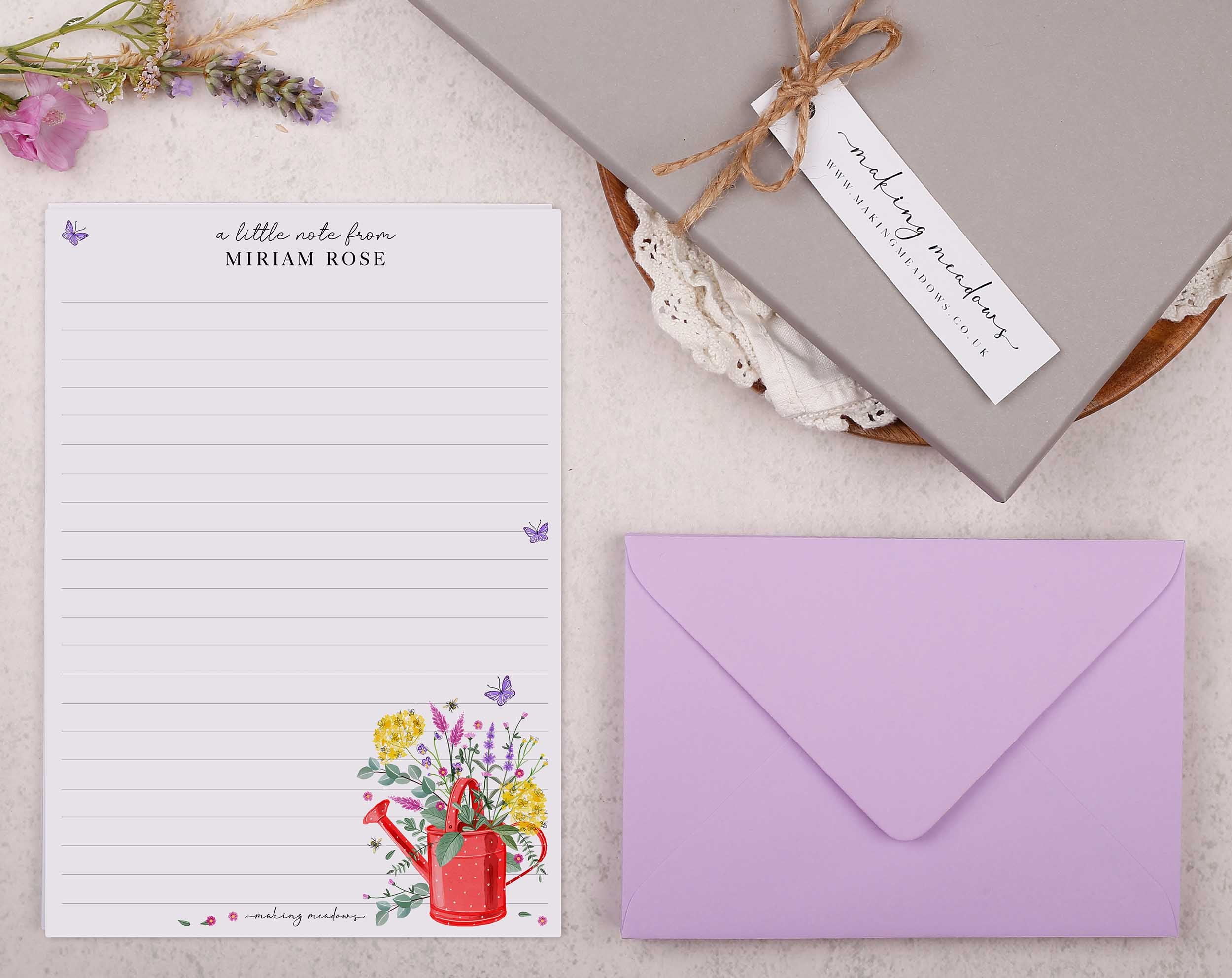 Personalised A5 writing paper with watering can. Stationery designed by Making Meadows