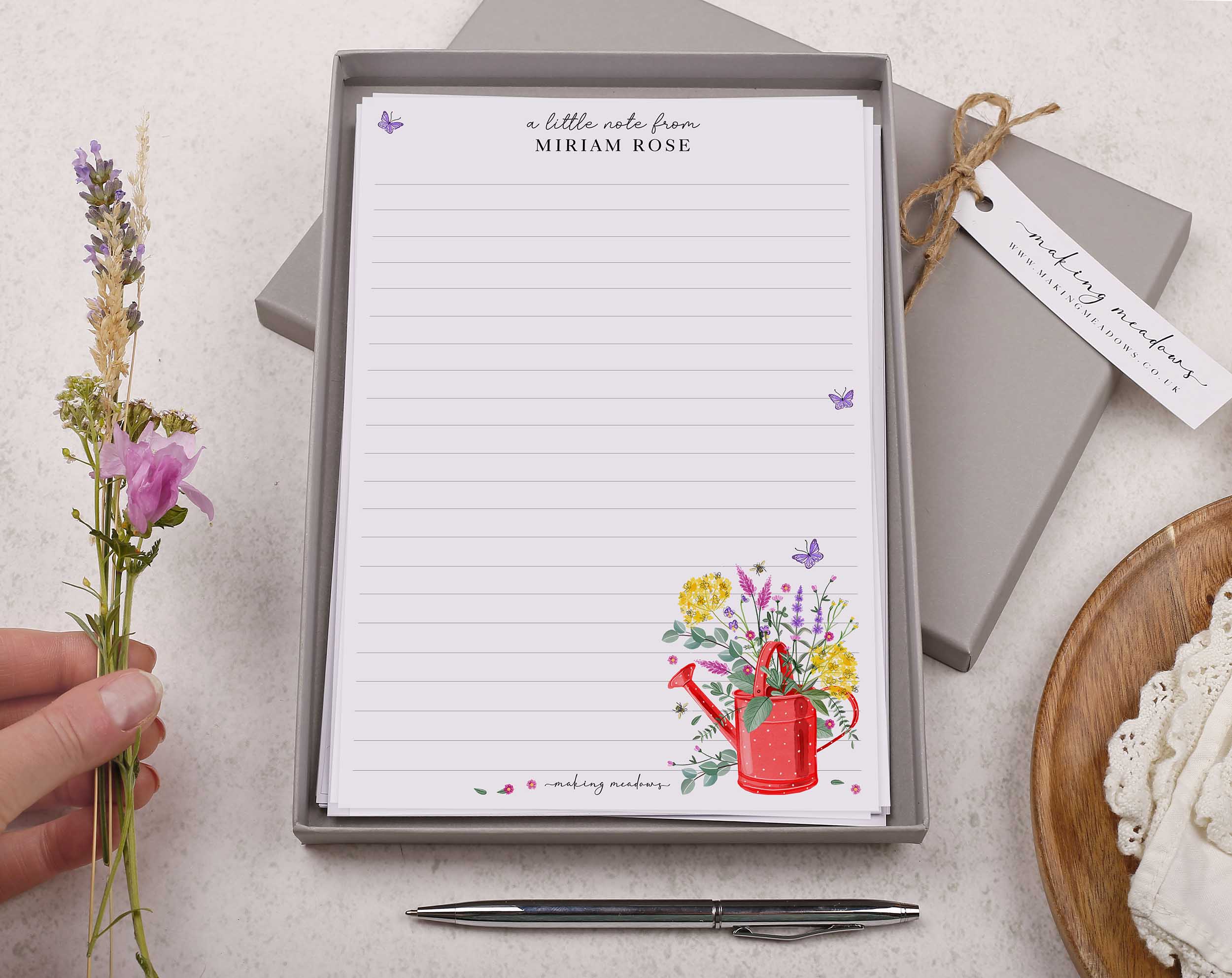 Personalised A5 writing paper with watering can. Stationery designed by Making Meadows