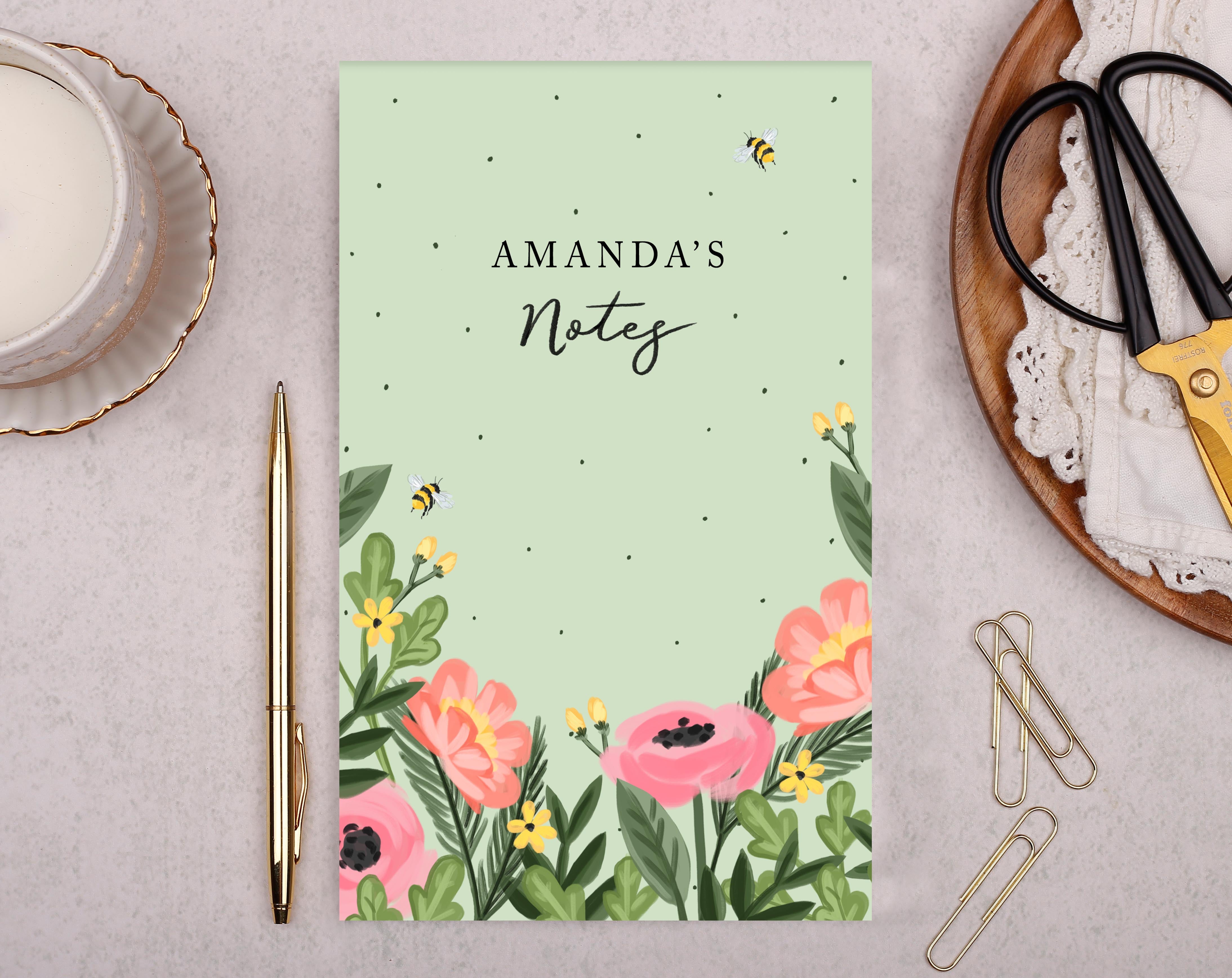 Personalised Green Floral Notebook. Notebooks & Notepads designed by Making Meadows