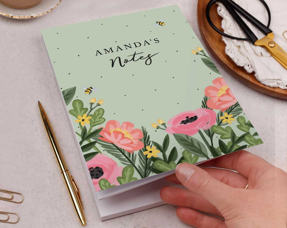 Personalised Green Floral Notebook. Notebooks & Notepads designed by Making Meadows