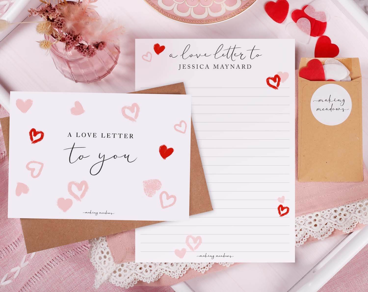 Personalised Love Letter With Hearts. Stationery designed by Making Meadows