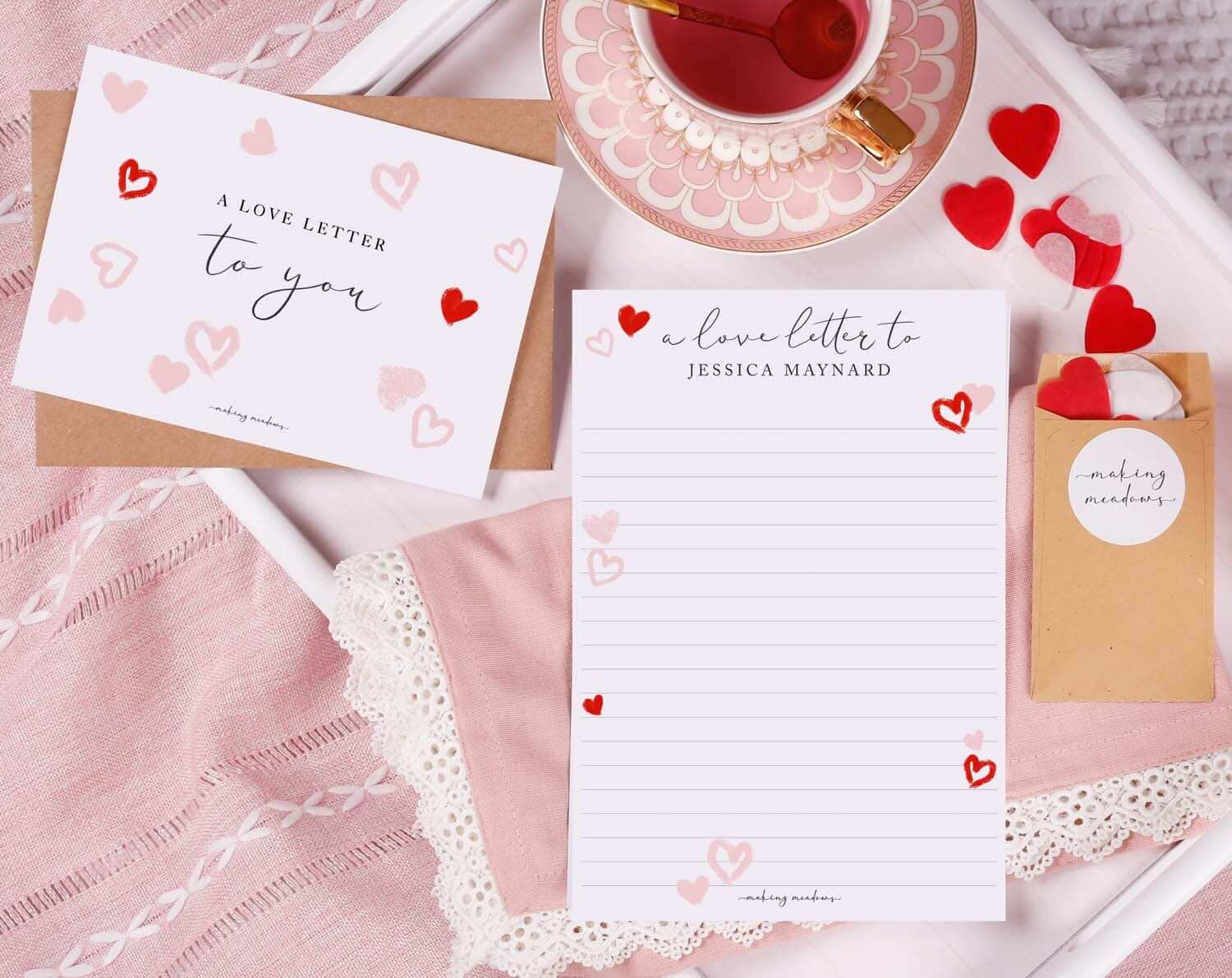 Personalised Love Letter With Hearts. Stationery designed by Making Meadows