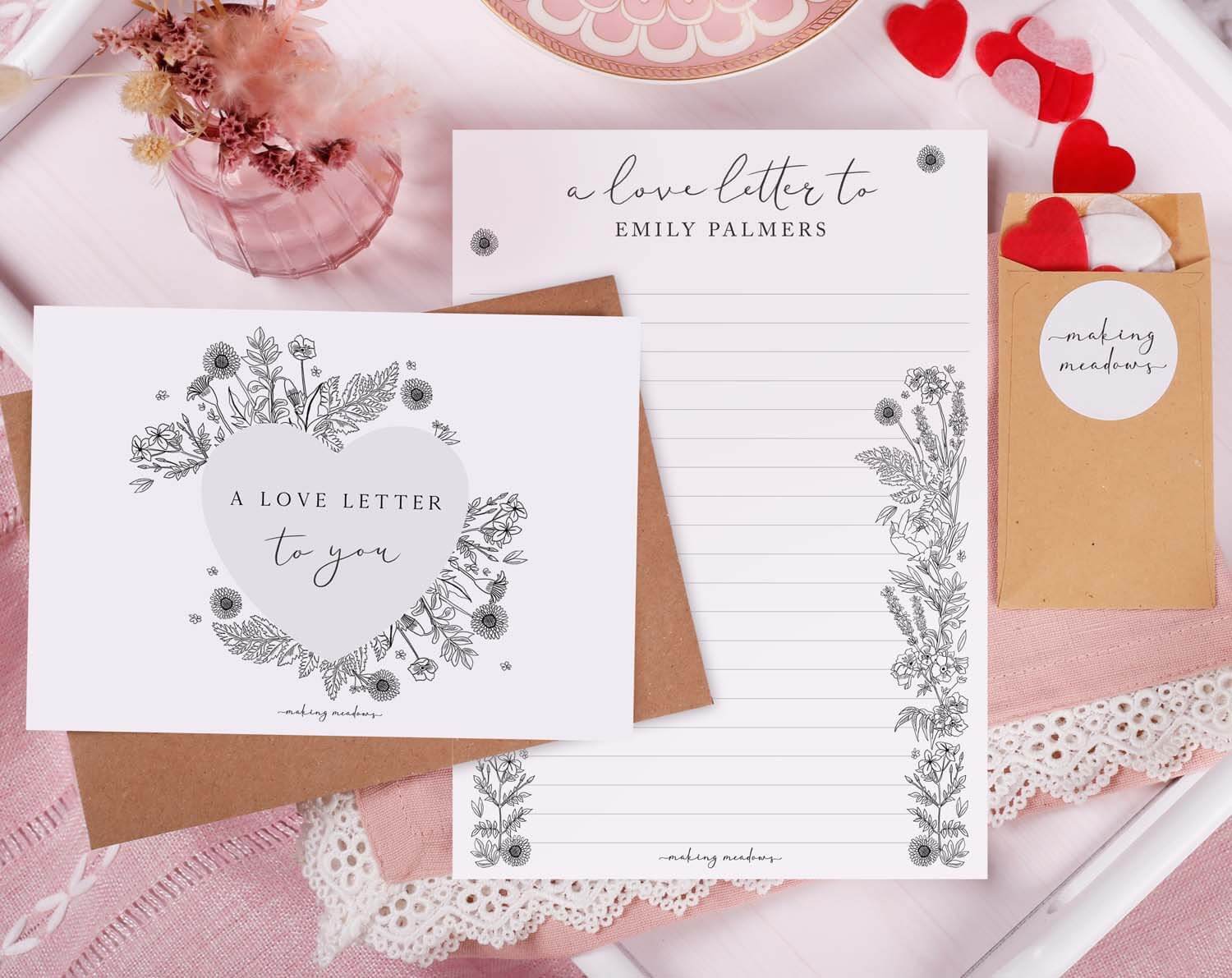 Personalised Love Letter With Linear Florals. Stationery designed by Making Meadows