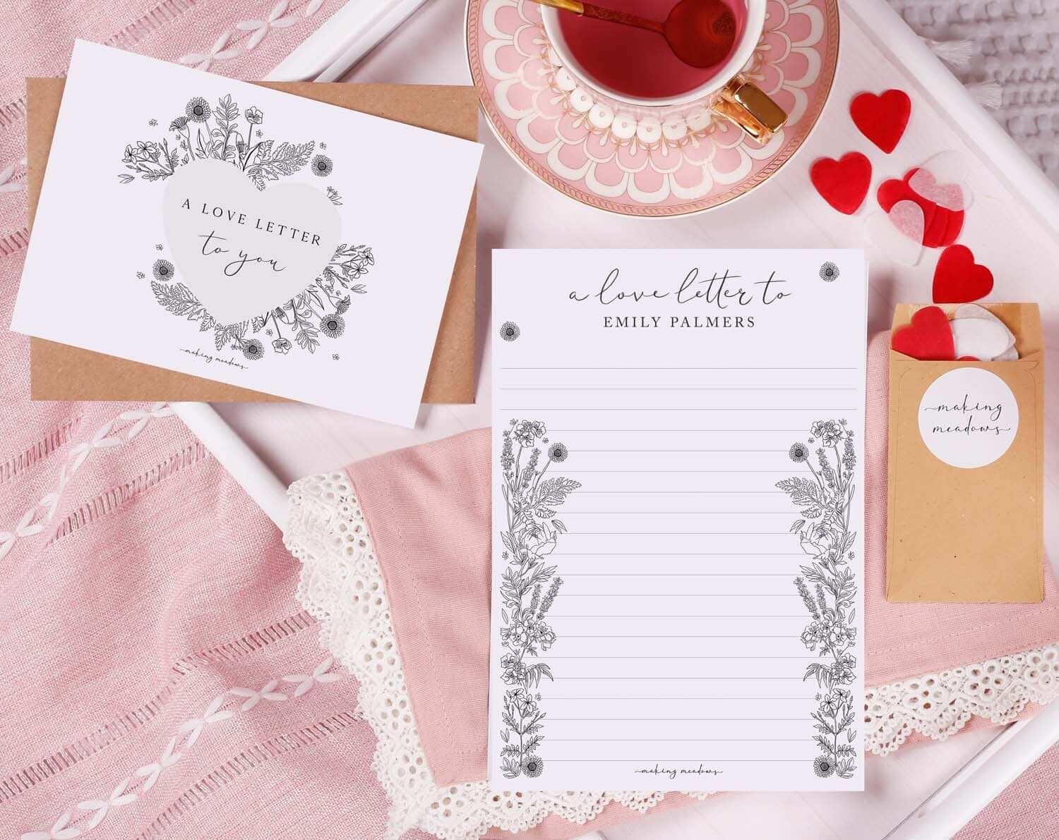 Personalised Love Letter With Linear Florals. Stationery designed by Making Meadows