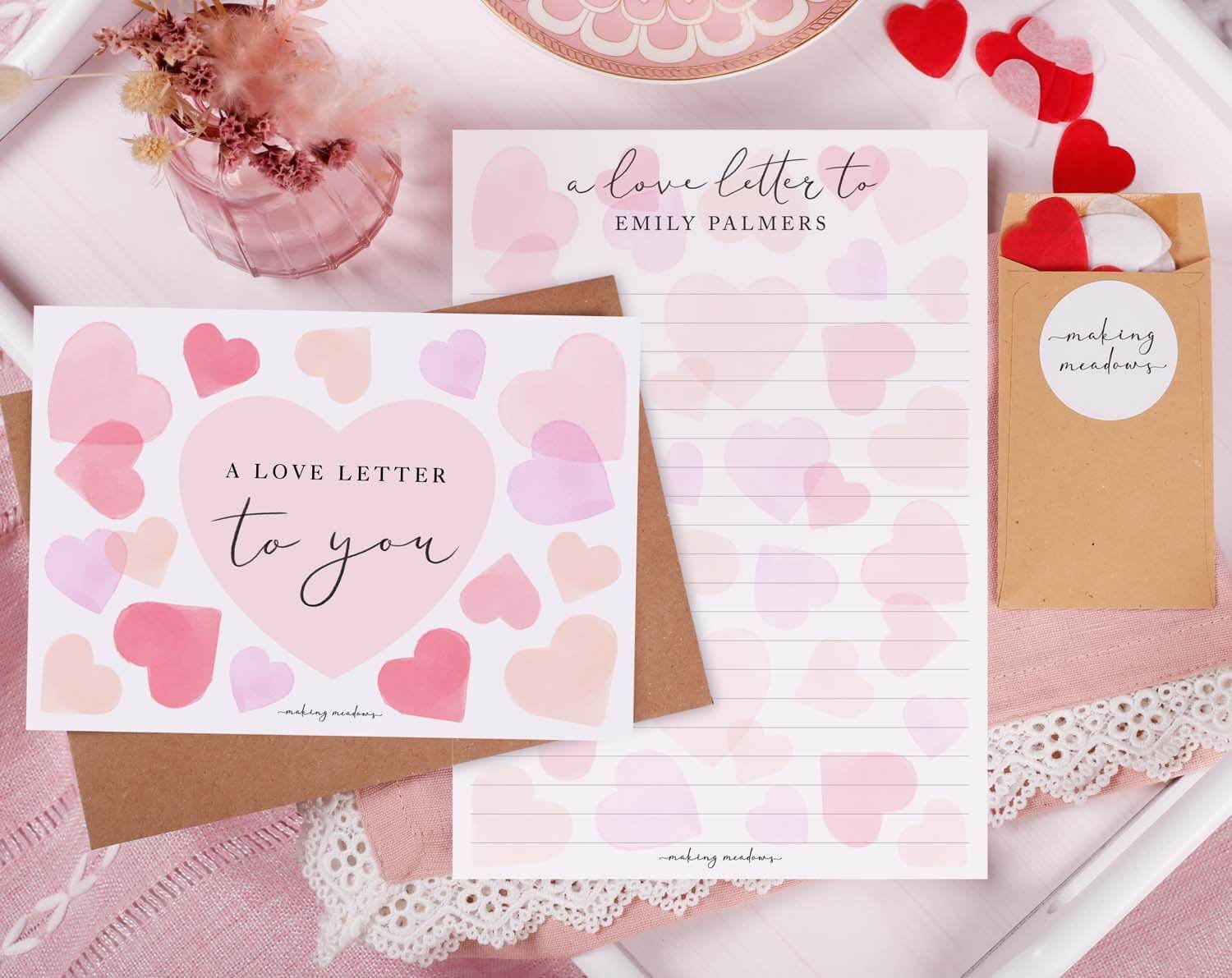 Personalised Love Letter With Watercolour Hearts. Stationery designed by Making Meadows