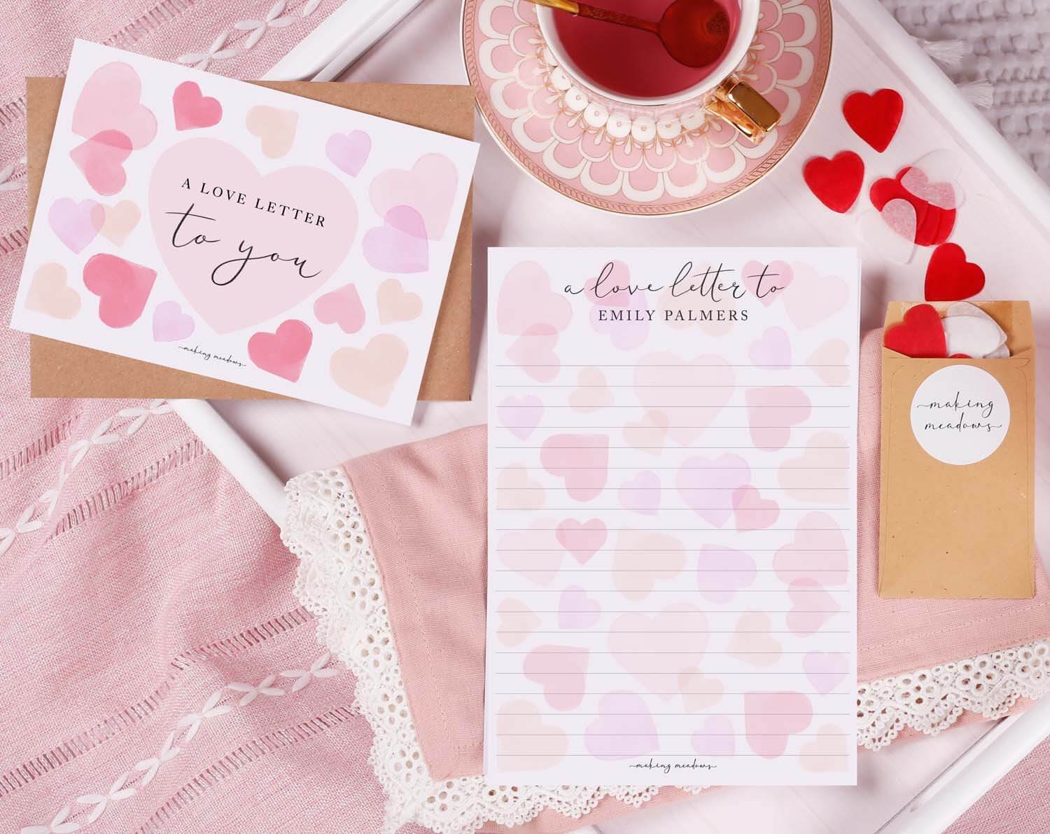 Personalised Love Letter With Watercolour Hearts. Stationery designed by Making Meadows
