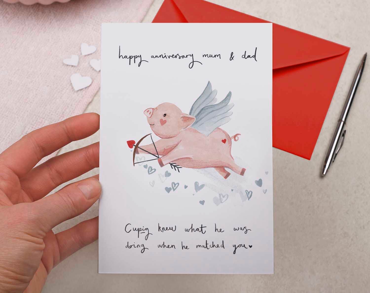 Pig Mum & Dad Anniversary Card. Greeting Cards designed by Making Meadows