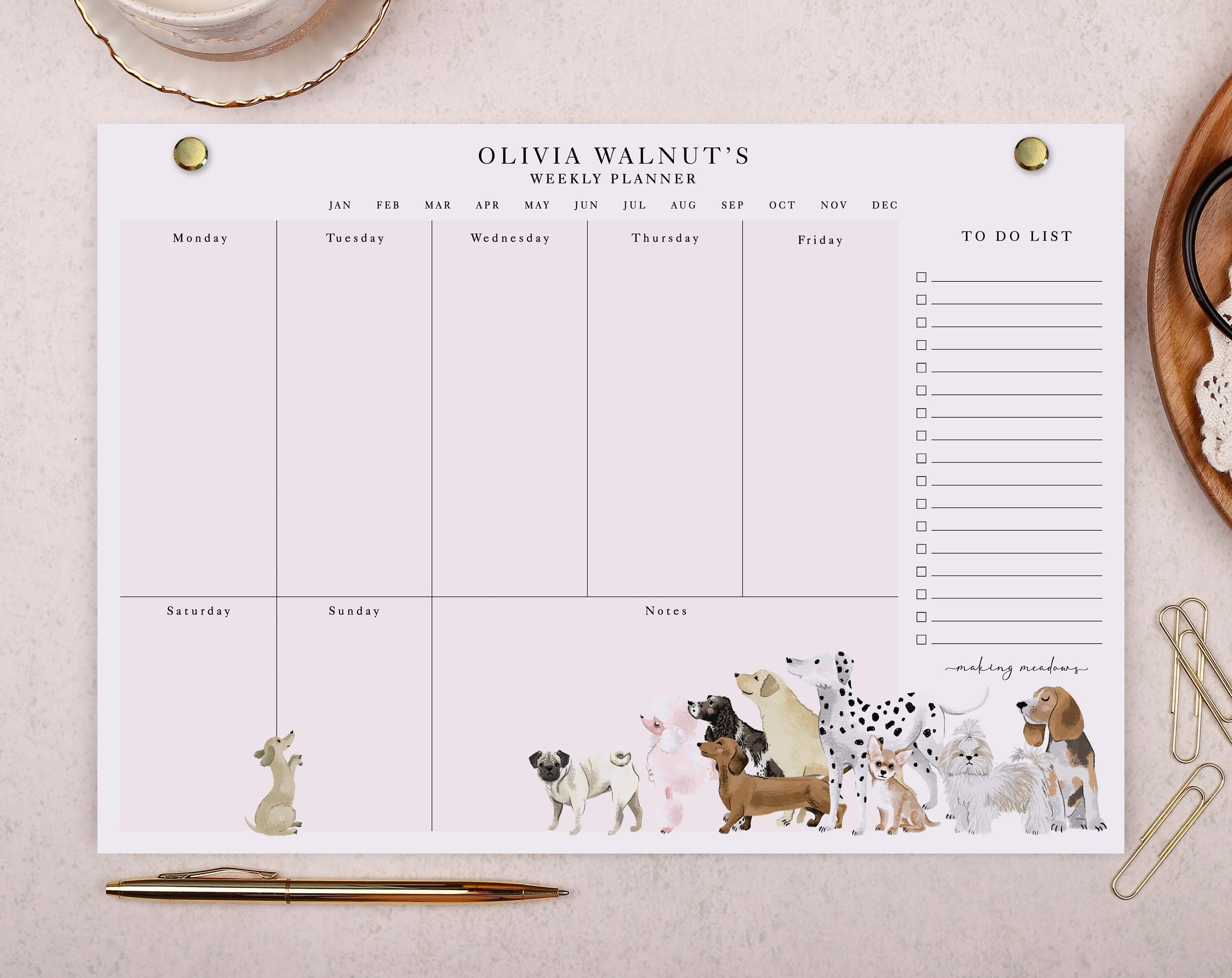 Pink Dog Personalised Weekly Planner Pad. Planners designed by Making Meadows