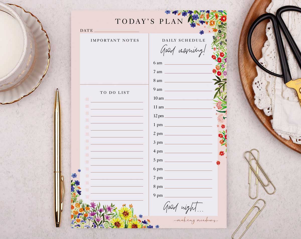 Pink Floral Daily Planner Desk Pad. Notebooks & Notepads designed by Making Meadows