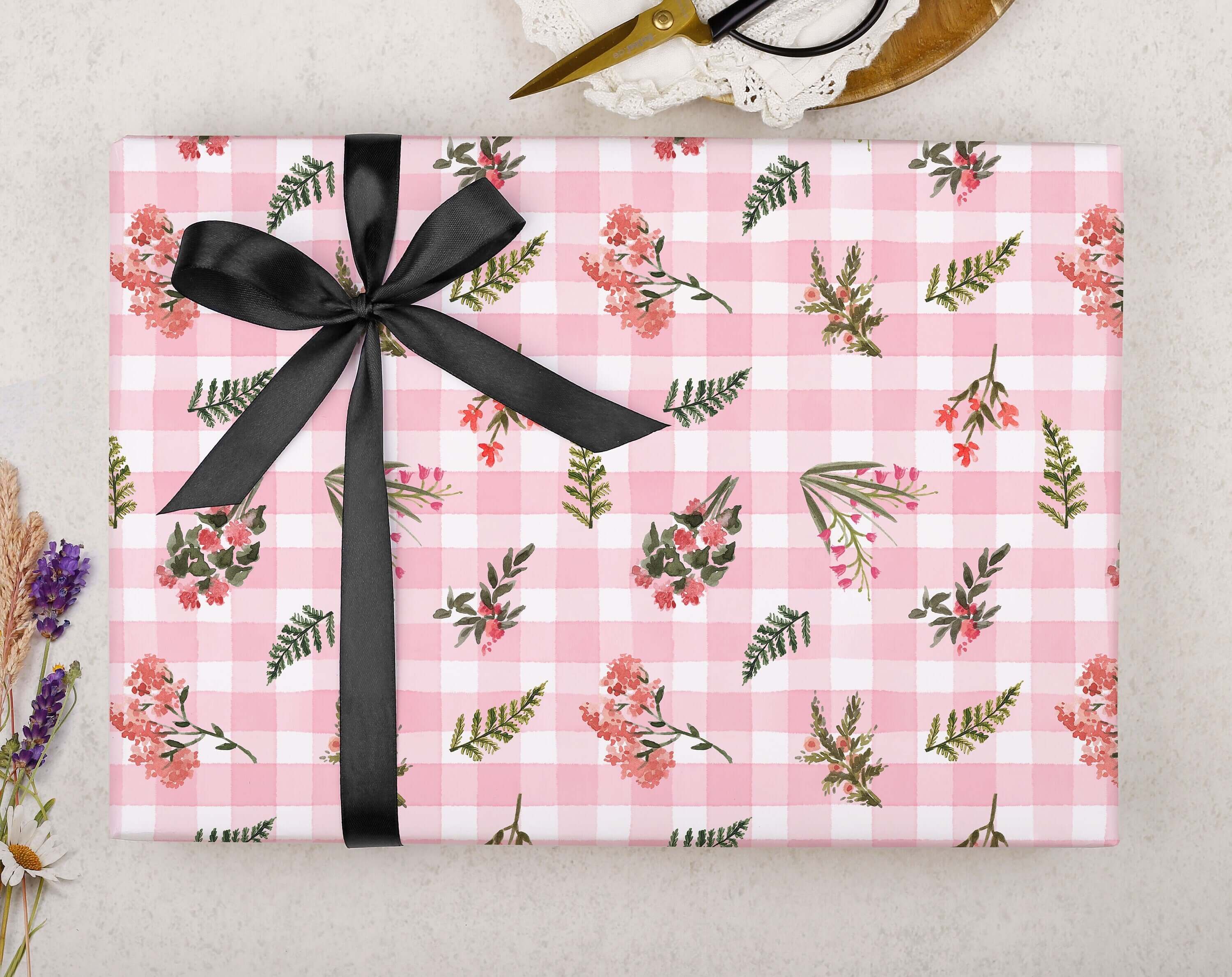 Pink Floral Gingham Wrapping Paper. Wrapping Paper designed by Making Meadows