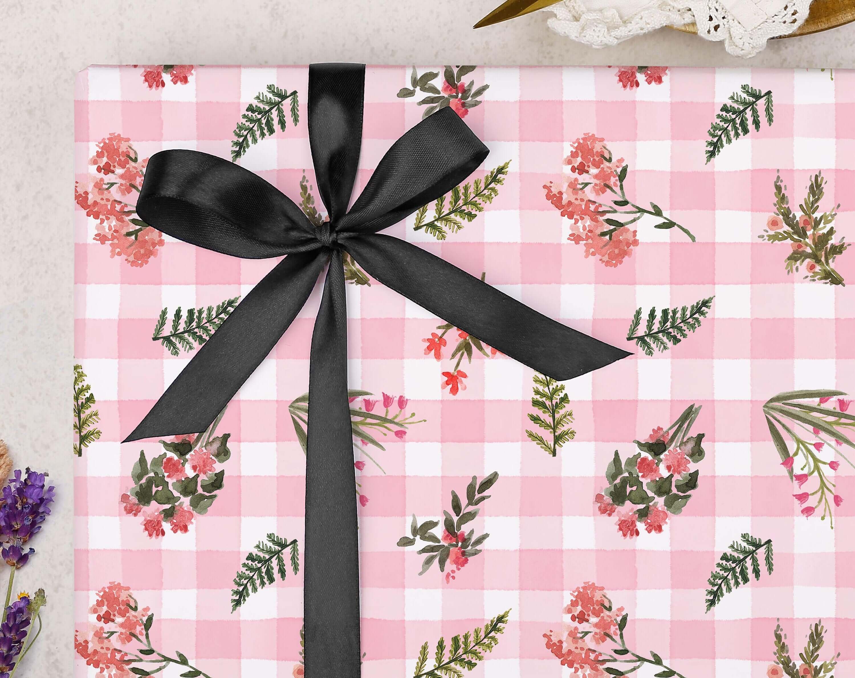 Pink Floral Gingham Wrapping Paper. Wrapping Paper designed by Making Meadows