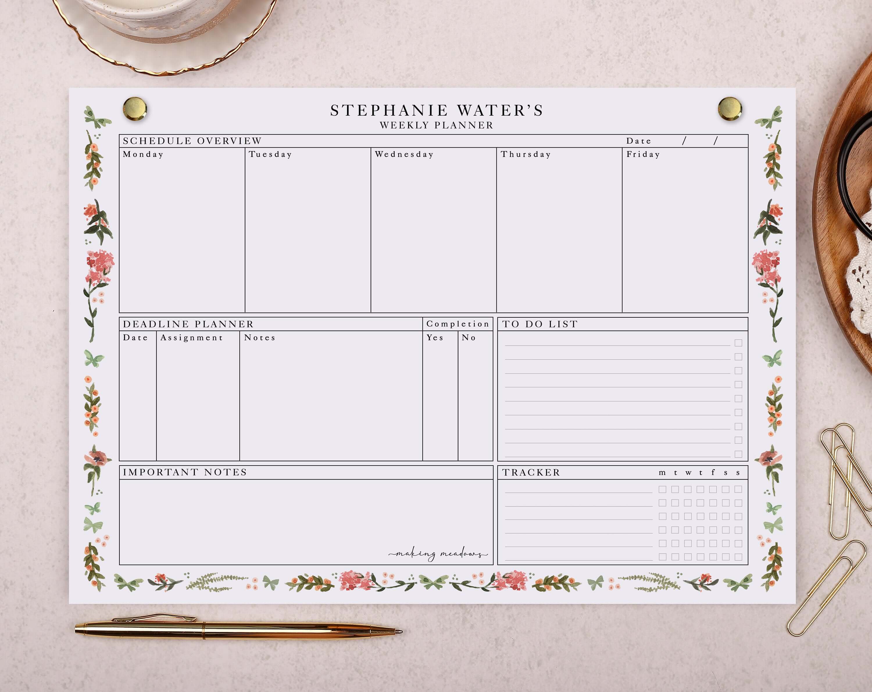 Pink Floral Personalised Weekly Planner Pad. Planners designed by Making Meadows