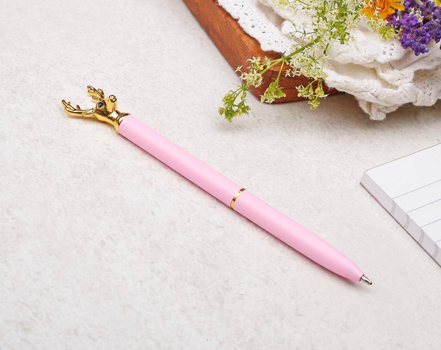 Pink & Gold Ballpoint Pen With Stag Head. Pens designed by Making Meadows