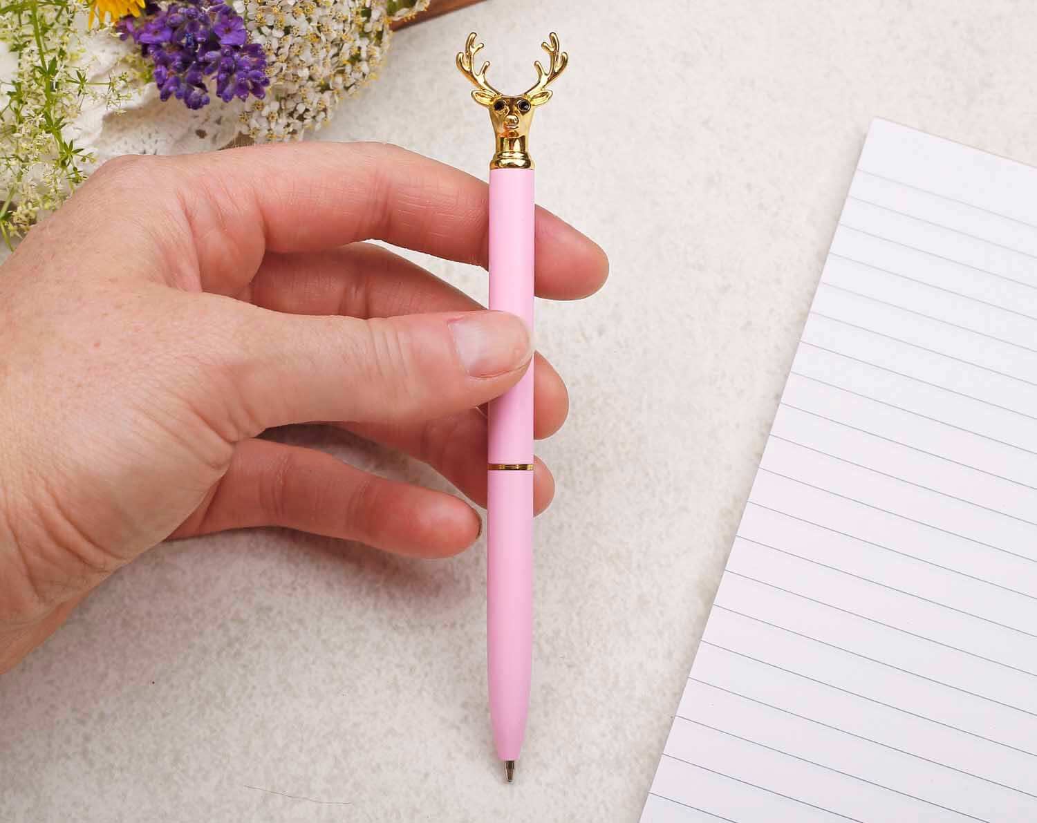 Pink & Gold Ballpoint Pen With Stag Head. Pens designed by Making Meadows