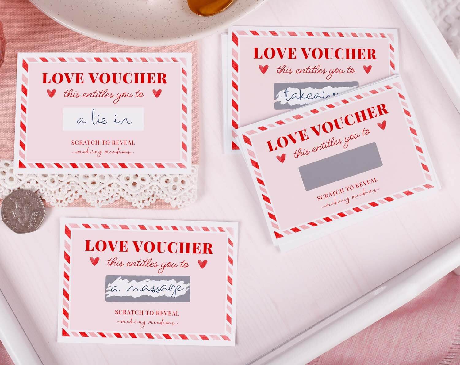 Pink Love Vouchers With Scratch Off Surprise. Stationery designed by Making Meadows