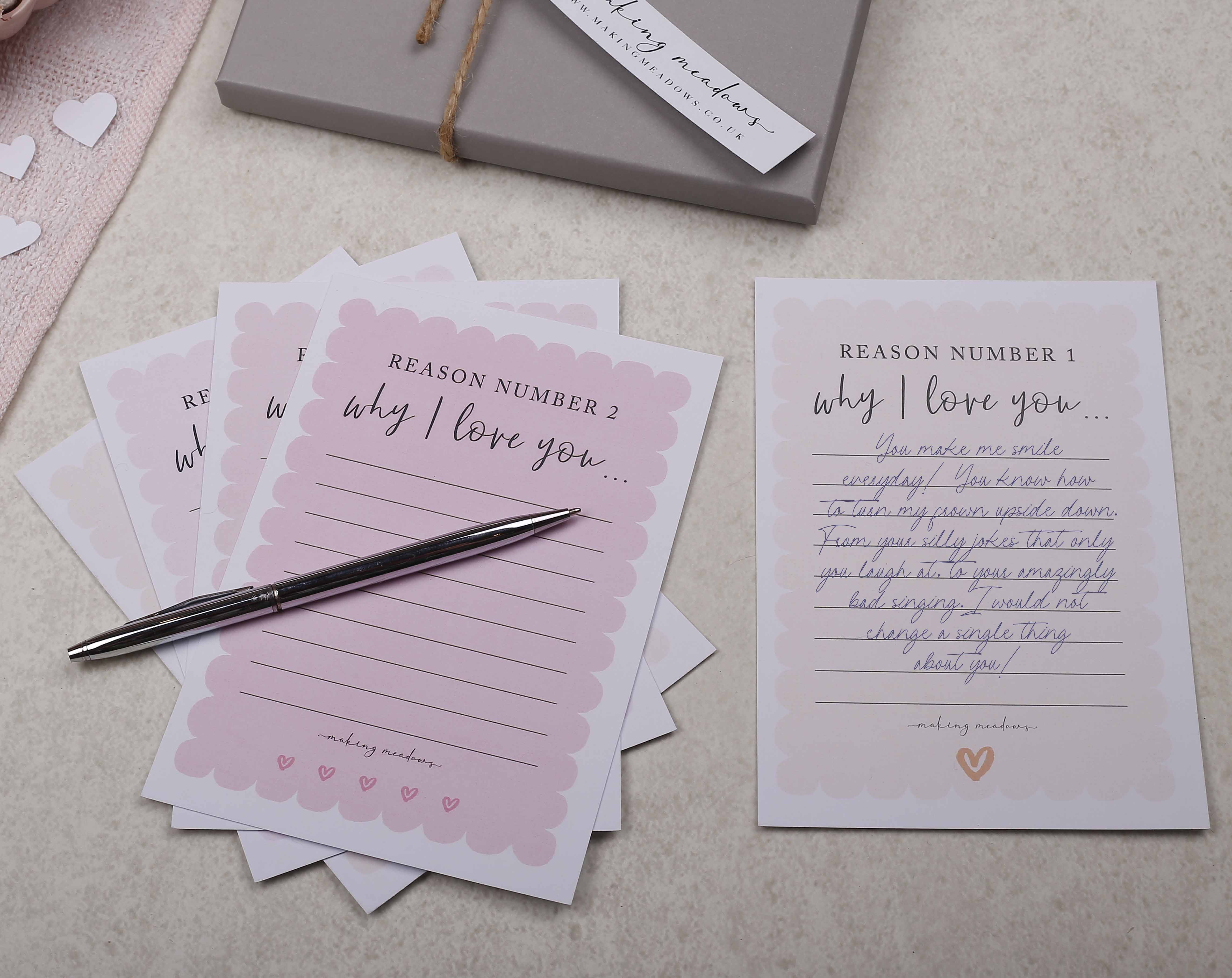 Pink Reason's Why I Love You Gift Box. Stationery designed by Making Meadows